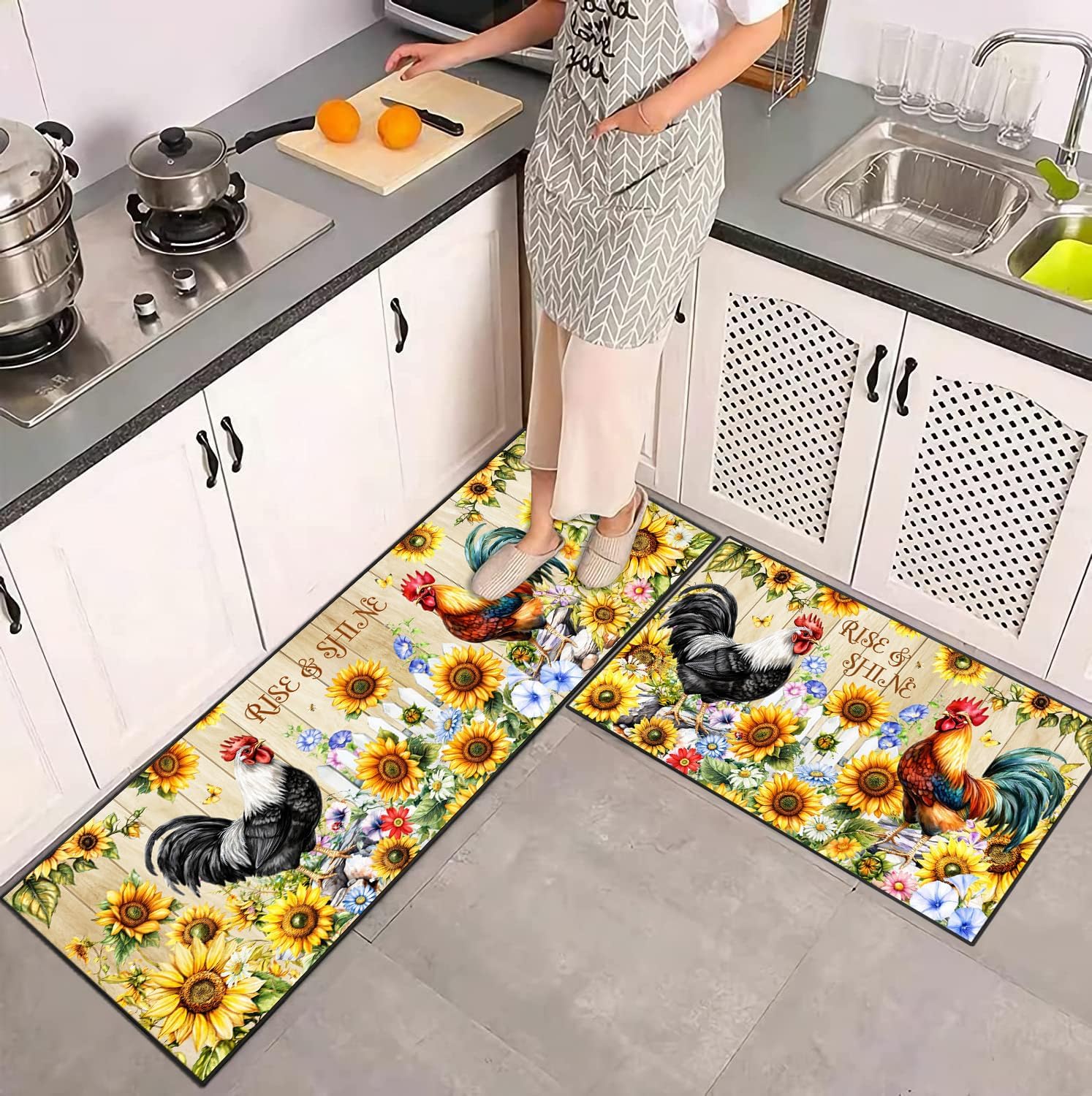 Sunflower Rooster Kitchen Rug 2 Piece Set, Rustic Farmhouse Chicken Kitchen Decor Rugs, Non-Slip Absorbent Washable Floor Mats Home Indoor Runner Carpet 17x30+17x47 Inches