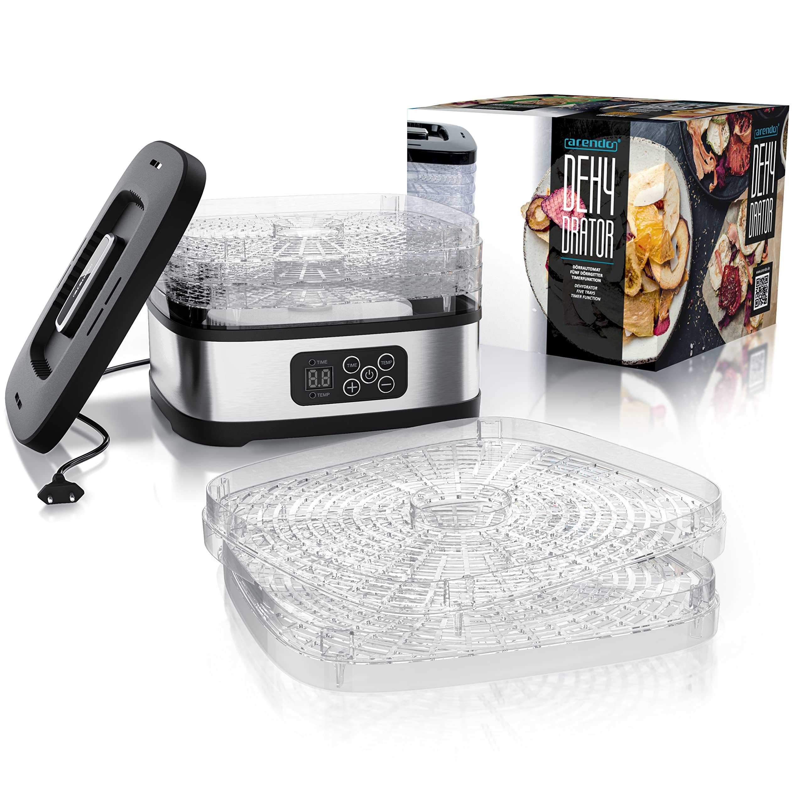 Arendo - Dörrautomat Edelstahl - Temperaturregler - 240 Watt – Dehydrator – 5 Etagen – Timer 1 bis 72 h – 5 Einlegefächer – je Fach zwei Höhen – Food Fleisch Kräuter Obst