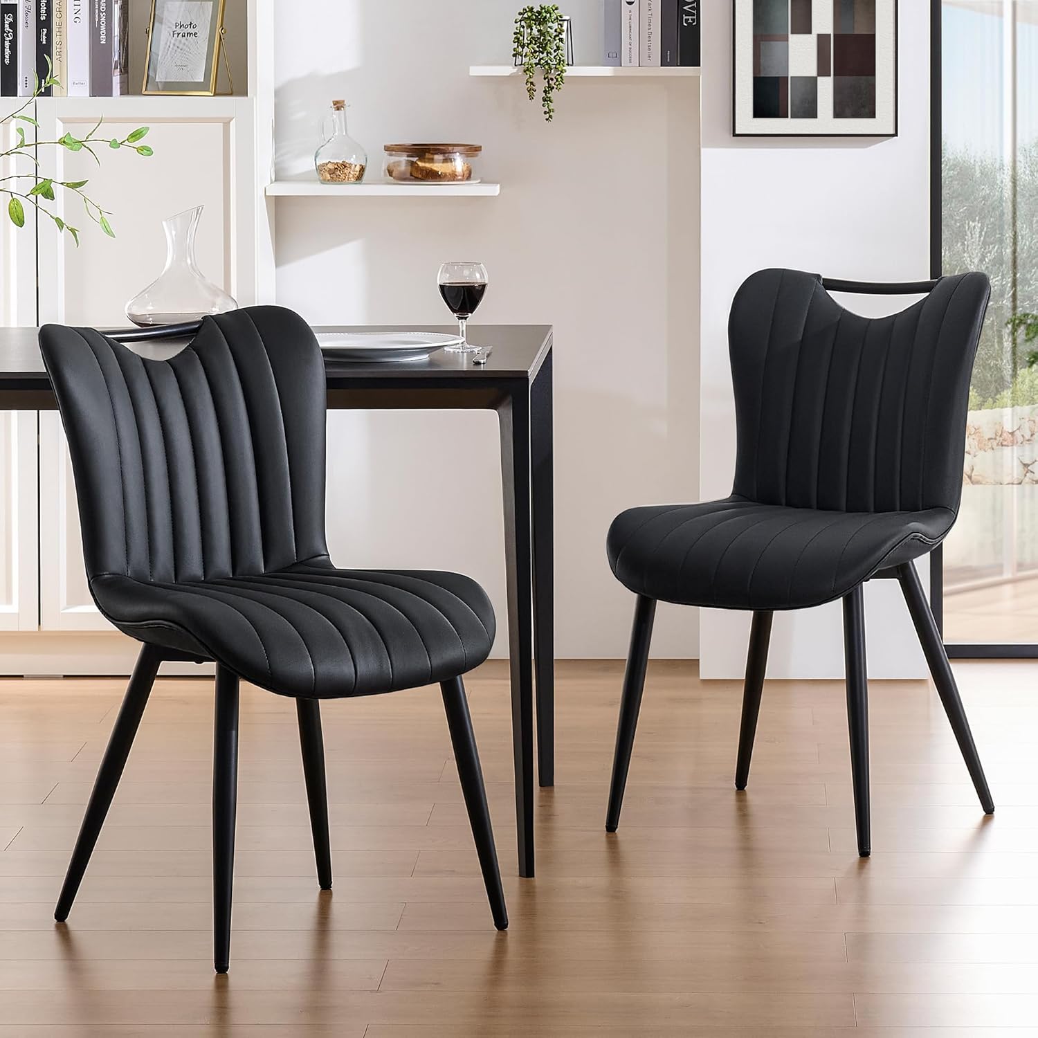 Leather Upholstered Dining Chairs Set of 2, Mid-Century Modern Kitchen Dining Room Chairs with Black Metal Legs, Armless Faux Leather Accent Dinner Chairs Kitchen Side Chairs, Black