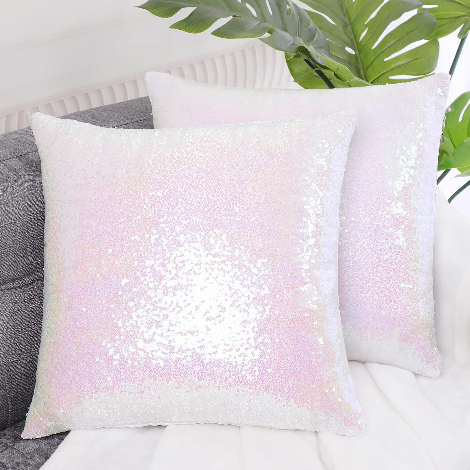 uxcell 2 Pcs Decorative Sequin Throw Pillow Cover, 16x16 Starry Pink image 2
