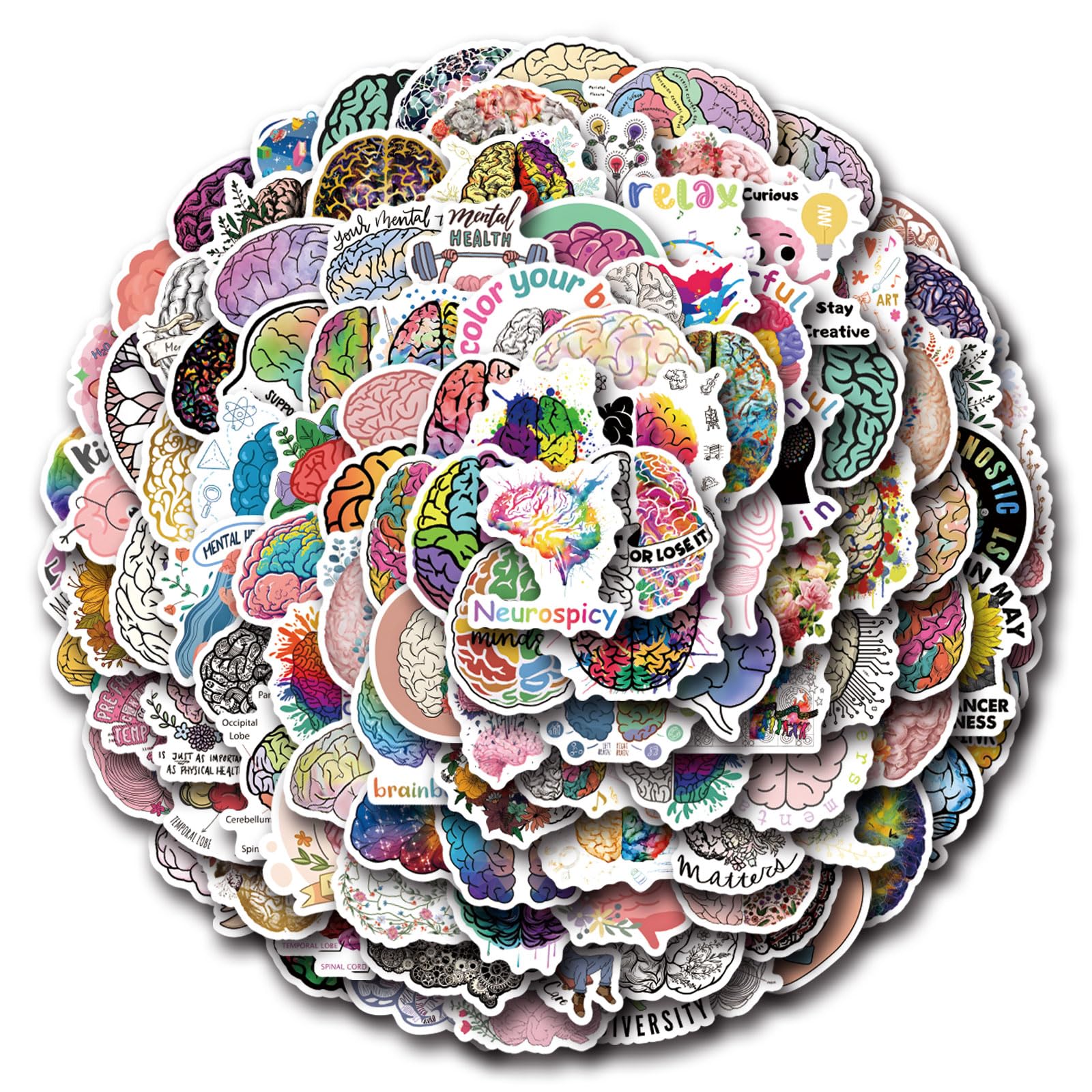 MBCJEIXK 120 Pieces Colorful Brain Sticker Pack | Brain Vinyl Stickers for Scrapbook,Journaling,Laptop,Bumper,Skateboard,Water Bottles,Computer,Phone,