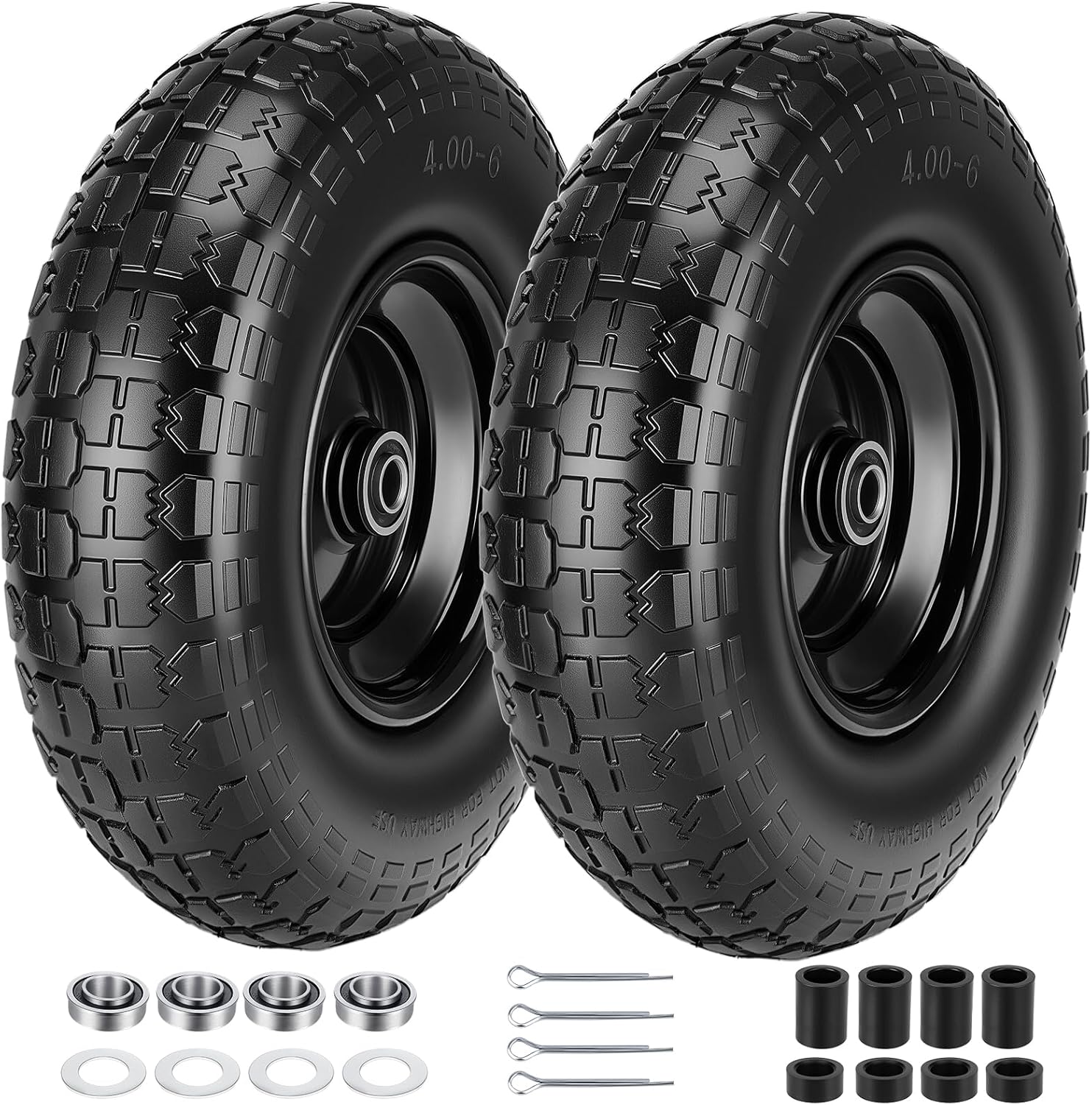 4.00-6 Tire and Wheel Flat Free, 13" Wheelbarrow Wheels and Tires with 5/8" or 3/4" Bearings 4.00-6 Solid Tires Replacement for Wheelbarrow, Garden Carts, Wagon, Dolly, Hand Trucks(2 PCS, Black)