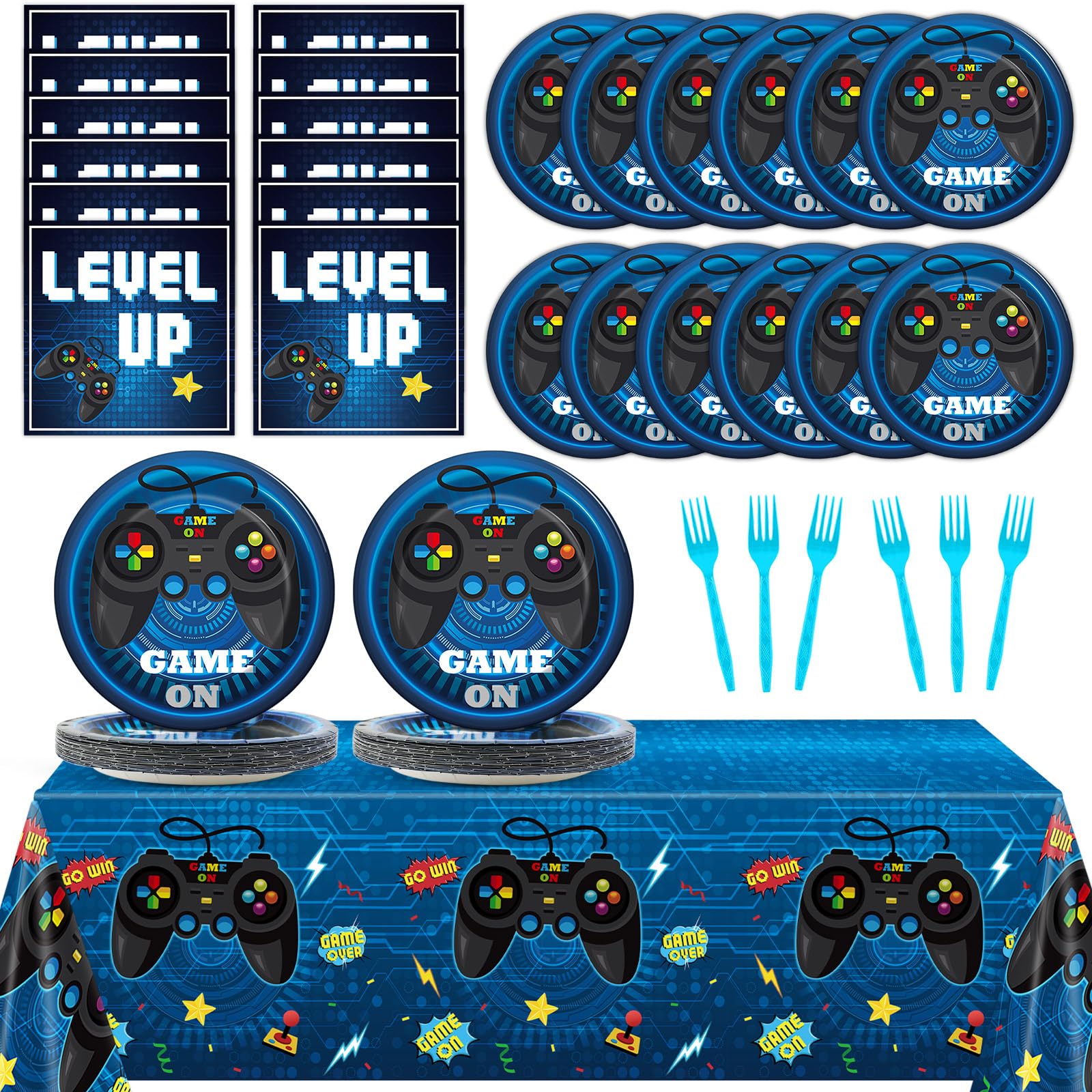 gisgfim Video Game Party Supplies Tableware Set for 20 Guests Gaming Parties Birthday Plates Blue Gamer Party Decorations Includes 7inch Plates,