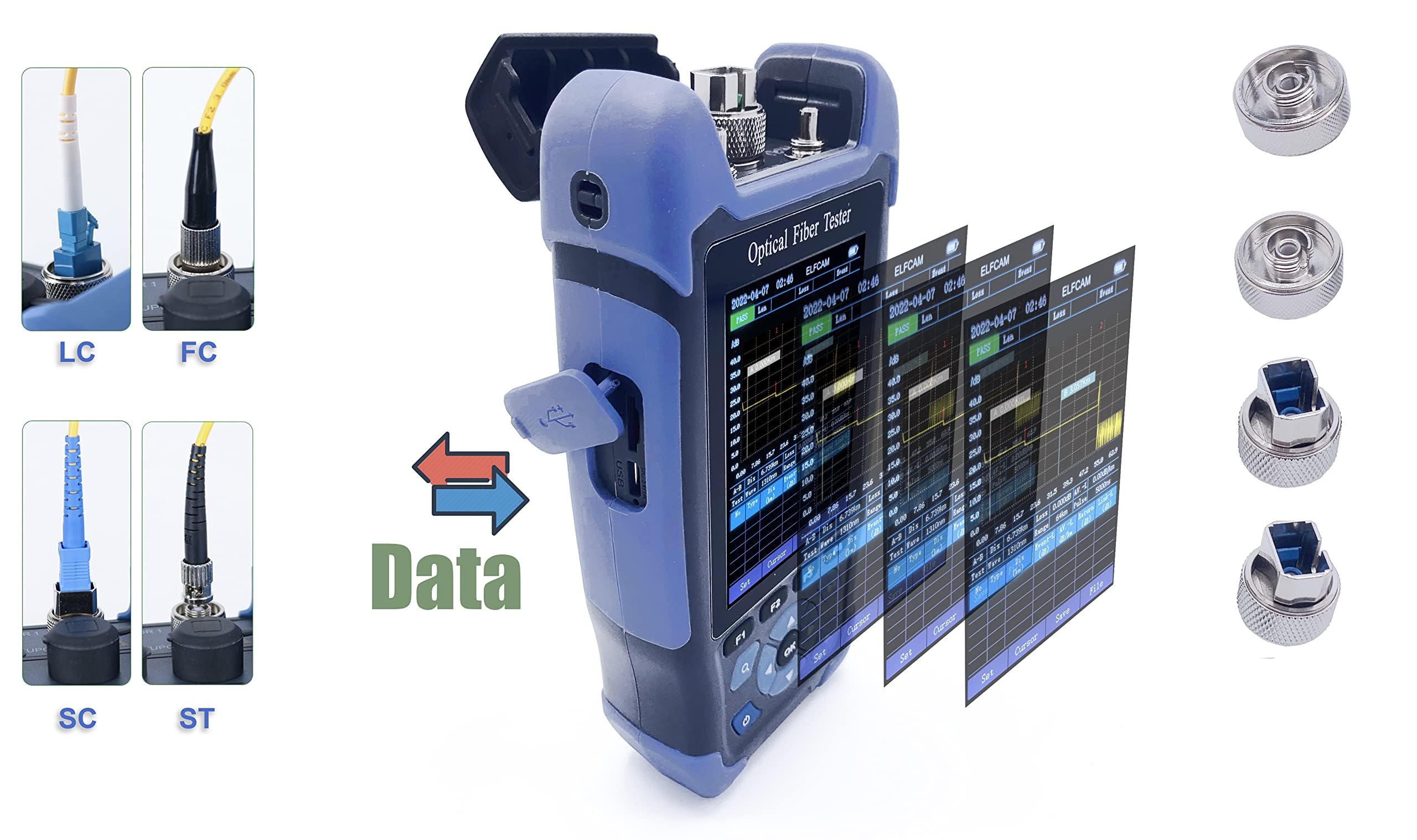 Elfcam® - OTDR per FTTH, 1310nm / 1550nm, Portatile 4 in 1 OTDR + VFL+ OPM + OLS, OTDR Tester Fibra Ottica/Rilettometro del dominio Ottico, fino a 60km (ELF-3800)