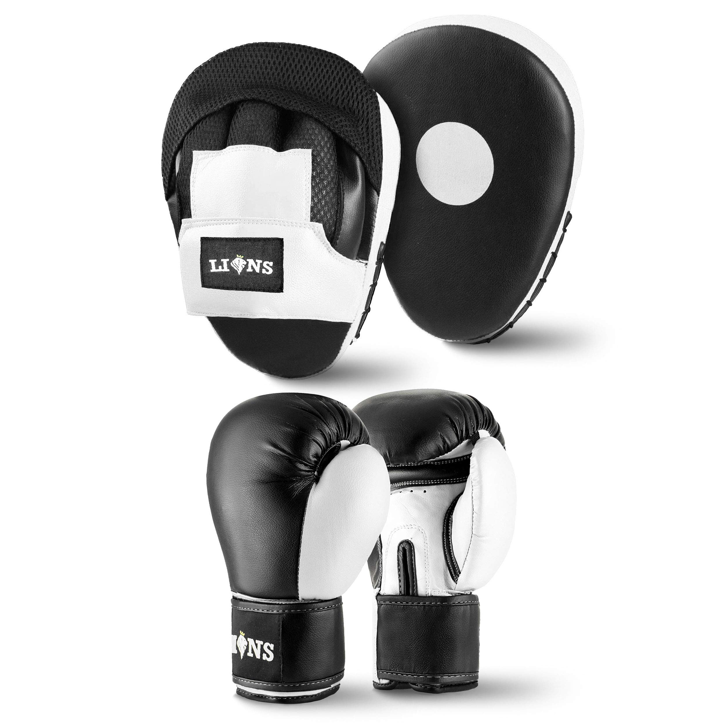 Lions Boxing Gloves and Pads Set - Sparring Gloves and Hook and Jab Pads Focus Punch Bag Mitts, Ideal for Martial Arts Mma Muay Thai Gym, Men Women Kids Boxing Set (10oz, White)