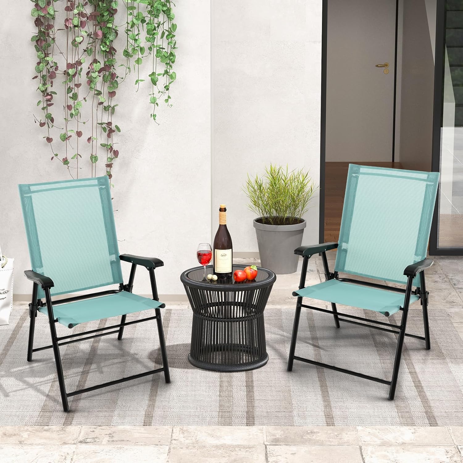 Tangkula Patio Folding Chairs Set of 4, Outdoor Sling Chairs with Breathable Fabric Back & Seat, Portable Dining Camping Chairs for Poolside, Yard, Garden, Deck, Lawn, Beach (Mint Green)