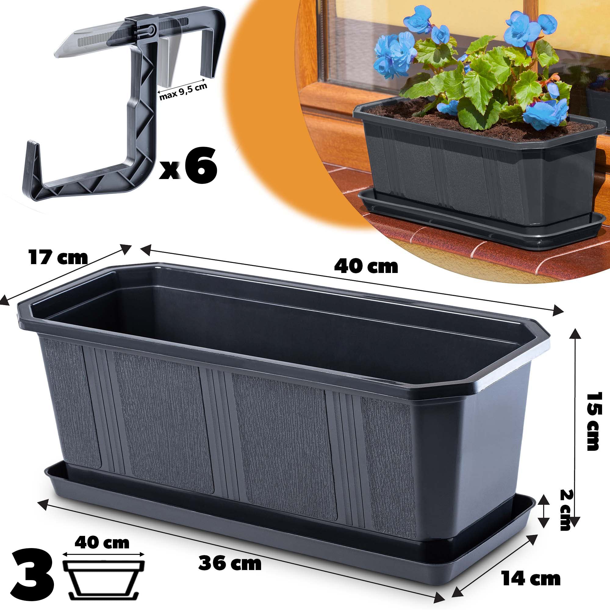 KADAX Set 3x40cm Blumenkasten Anthrazit, Balkonkasten aus Kunststoff, Pflanzkasten für Blumen und Kräuter, Widerstandsfähiger Balkontopf, Pflanzkübel für Balkon