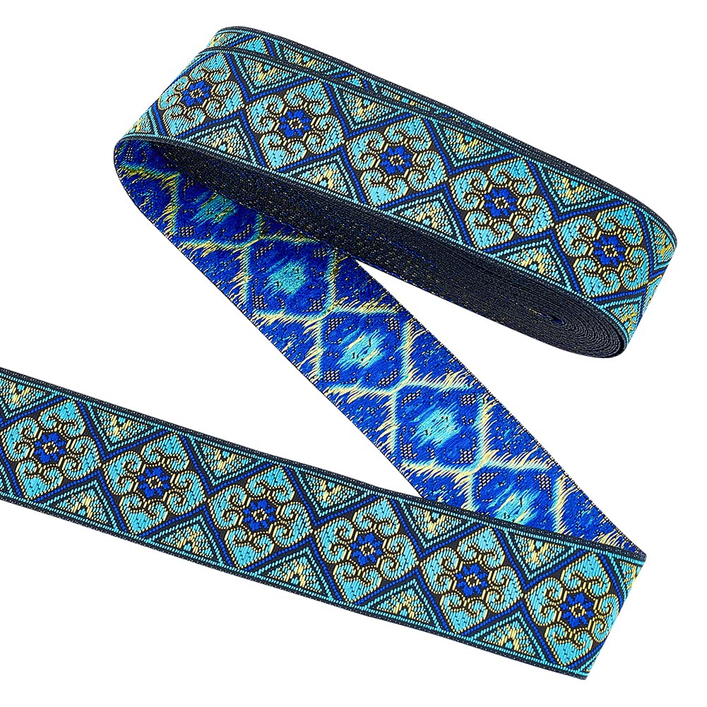 FINGERINSPIRE 7.7 Yard Blue Ethnic Style Jacquard Ribbon 1.3 inch Wide Rhombus Floral Pattern Woven Trim Vintage Embroidery Polyester Ribbons Fabric Trim for Sewing Craft, Gift Wrapping, Clothing