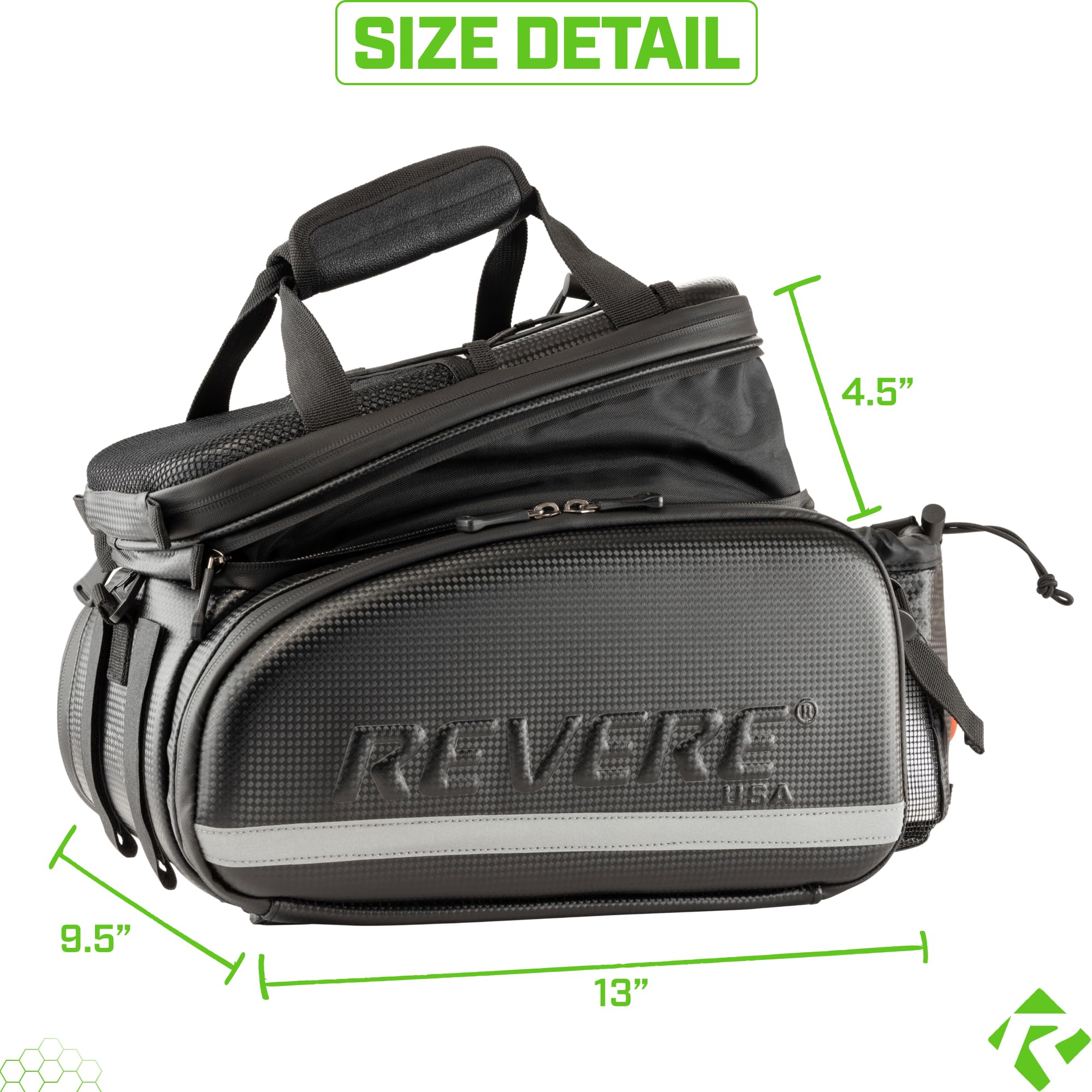Revere Bicycles RTX-CF Super Large Capacity Waterproof Hardshell Composite Rear Trunk Bike/Ebike Bag, Expandable Side Panniers and Top. Includes Free Water Bottle & Safety Led Taillight