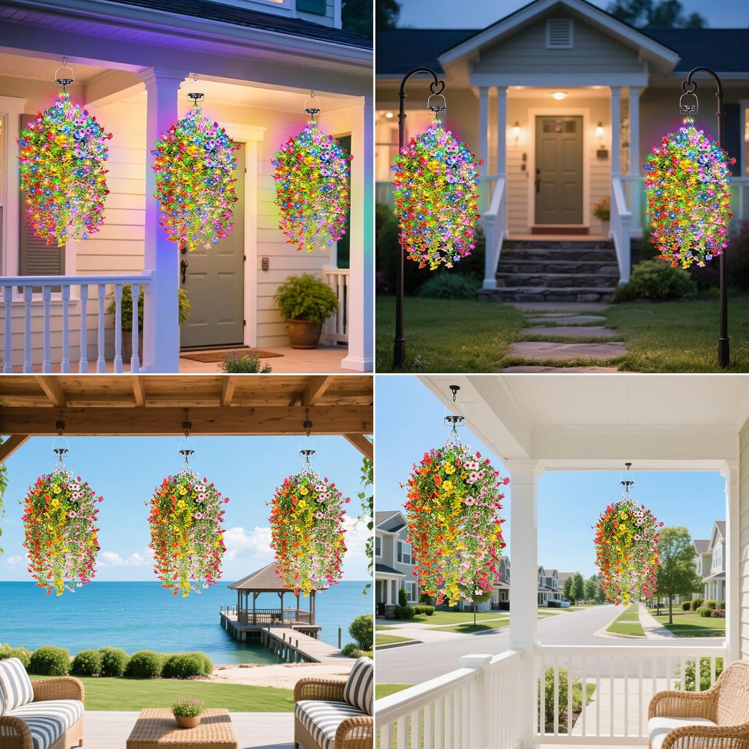 Solar Hanging Basket with Artificial Flowers: Outdoor Fake Plants Flower Basket with Solar String Lights for Summer -10 in UV Resistant Faux Silk Flower Baskets for Home Porch Yard Patio Garden Decor