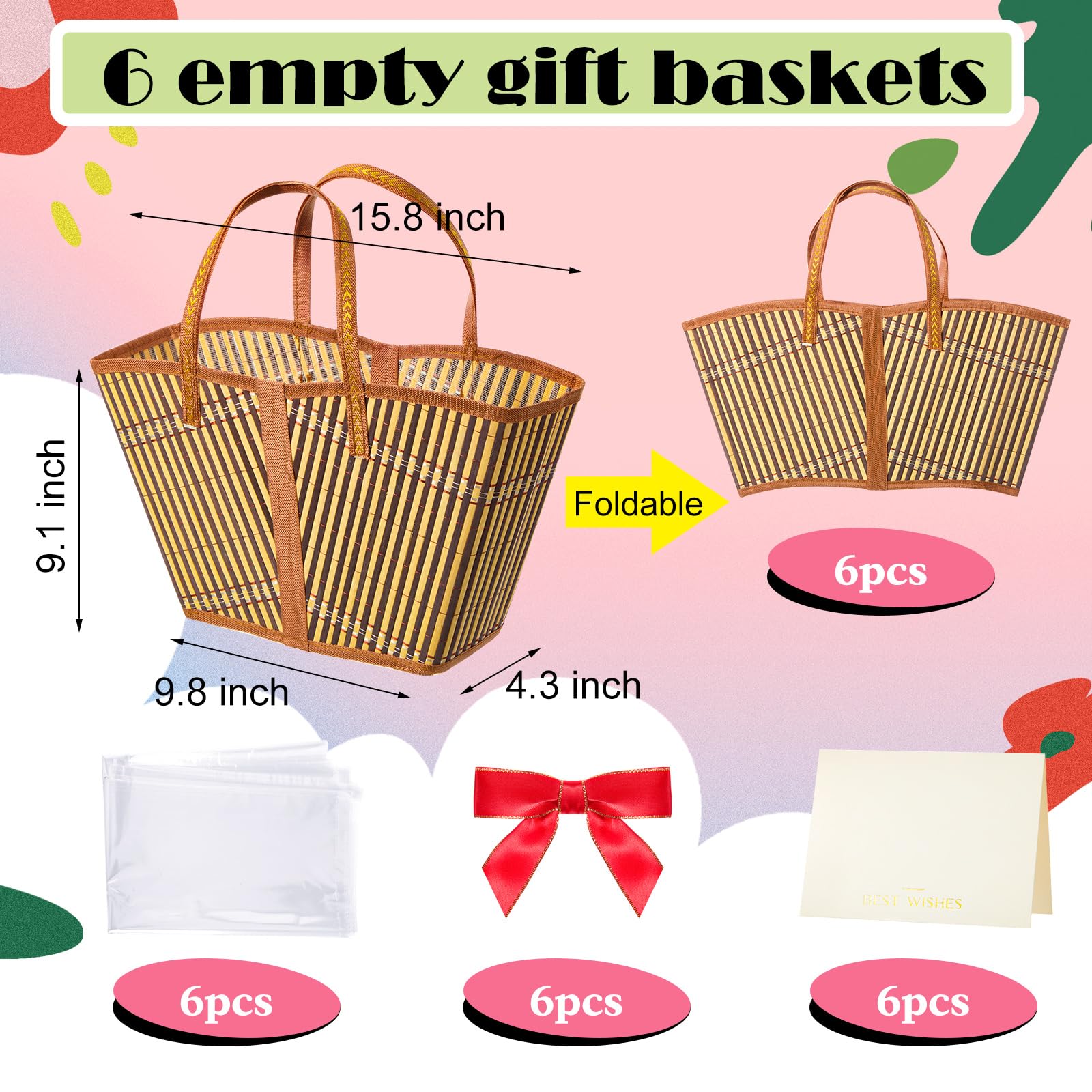 Quzzil Set di 6 cesti per regali vuoti, robusti e grandi, in bambù, con manico, con fiocco rosso da riempire per festa del papà, Natale, matrimoni, baby shower, compleanni, biglietti regalo