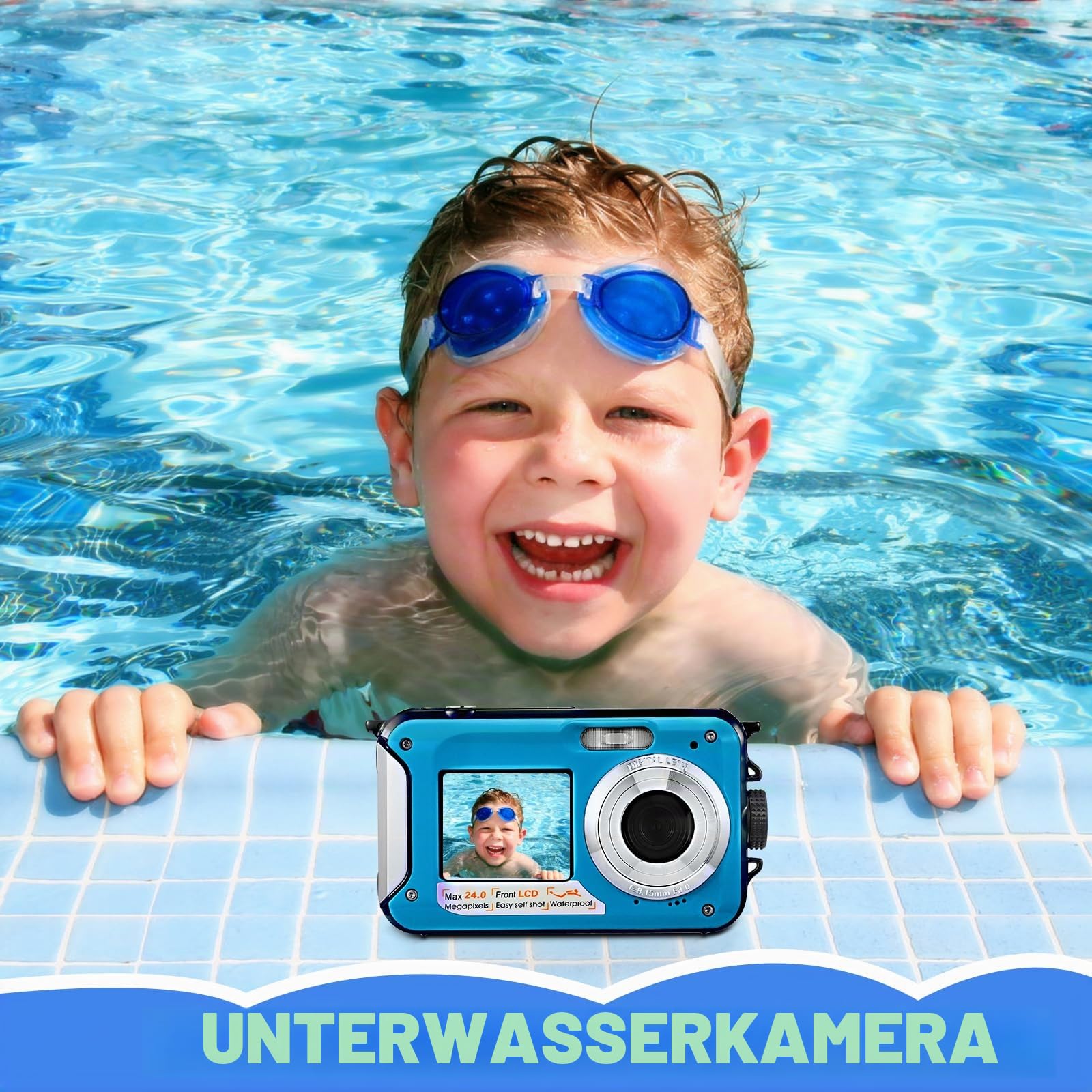 Unterwasserkamera, wasserdicht, Full HD 2,7 K, 24 MP, Digitalzoom, 16-fache Kamera, mit Doppelbildschirm, für Jugendliche, Schüler, Anfänger, Blau
