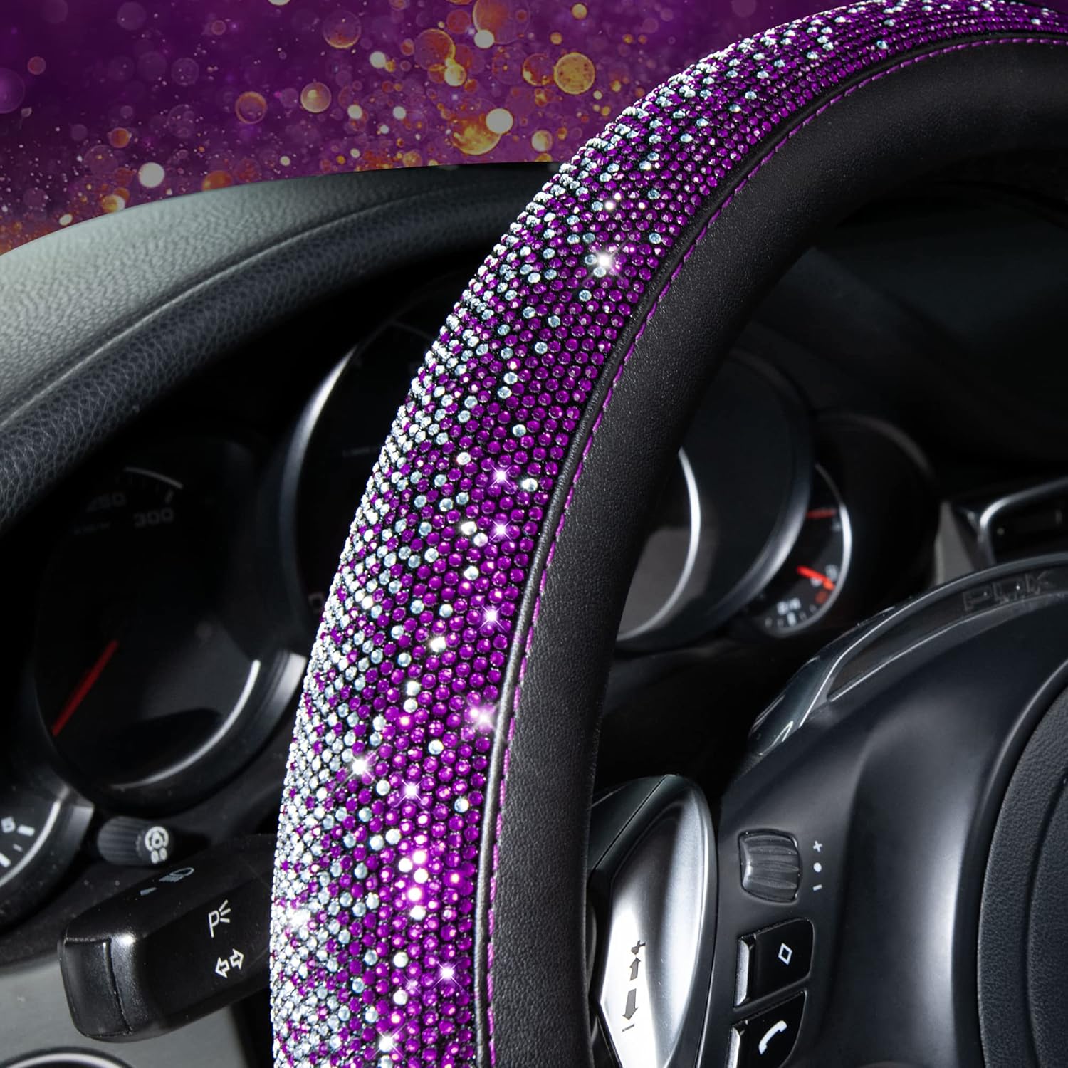 CAR PASS Bling Diamond Leather Steering Wheel Cover, Bling Sparkly Crystal Glitter Rhinestones Universal Fit 14" 1/2-15" Car Wheel Protector for Women Girl Fit Suvs,Vans,Sedans,Trucks, Purple Silver - Image 3