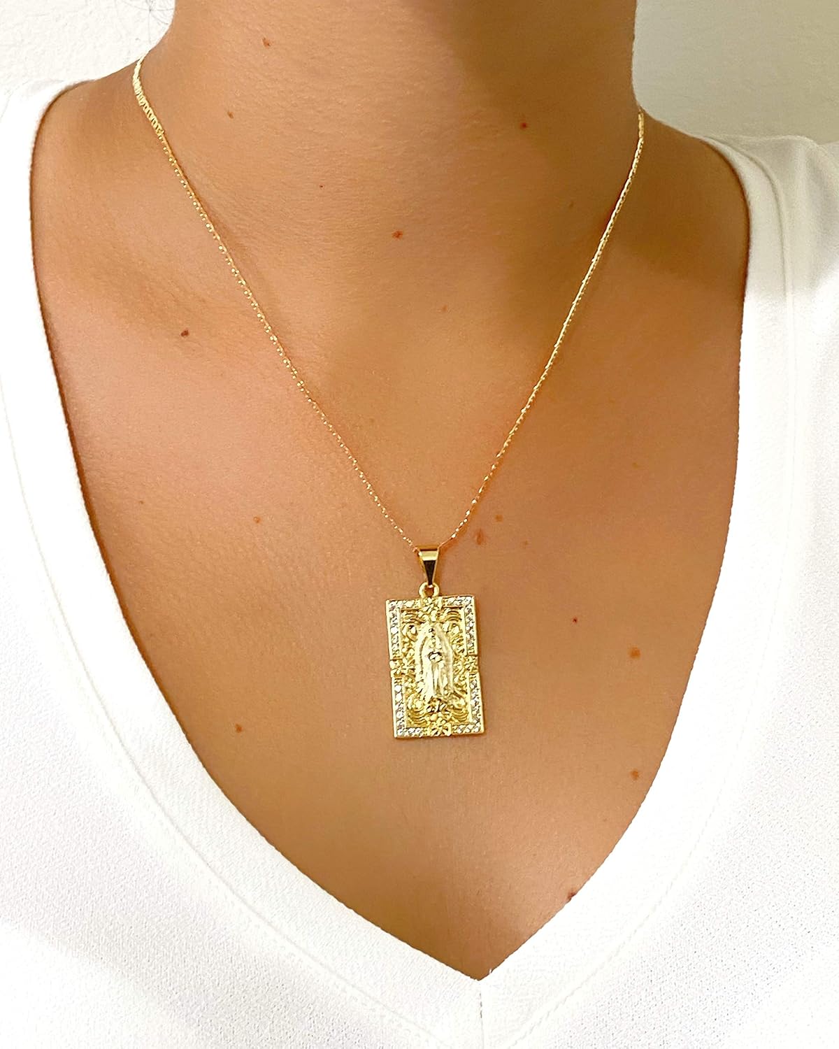 LESLIE BOULES Guadalupe 18K Gold Plated Pendant Necklace for Women Religious Jewelry