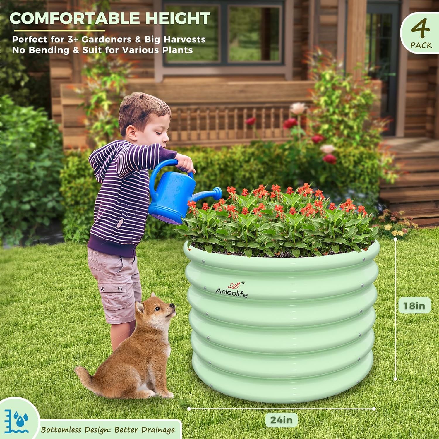 A ANLEOLIFE Kids Mini Raised Garden Beds Outdoor (4-Pack)-24x24x18in Round Galvanized Metal Planter Box for Planting Vegetables, Flowers, Fruits, Eco-Safe & Easy Setup, Mint Green
