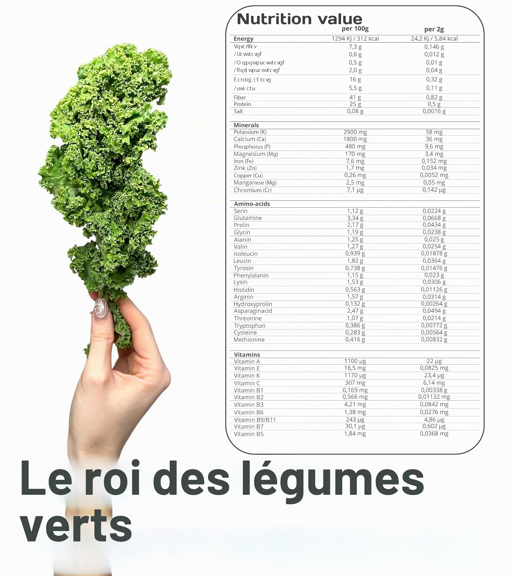 Pure Superfood Bioactive Kale Powder - 100% de Chou Frisé Lyophilisé, Haute Teneur en Protéines, Kalzium, Vitamine C et K. Riche en Antioxydants, 9 Acides Aminés Essentiels, 25 x 2g