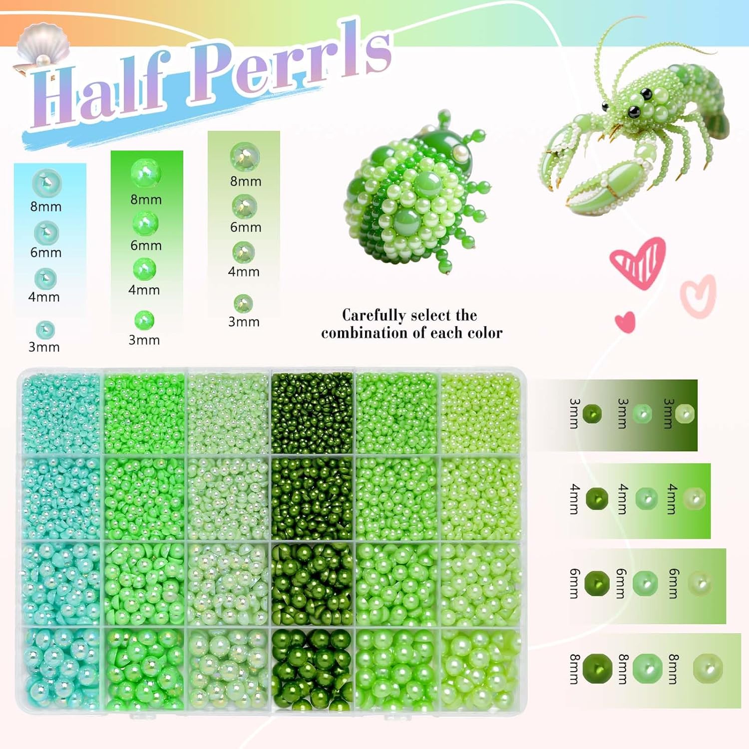 Morcheiong 10000 Pcs Flatback Pearl 3-8mm Half Pearl Bead for DIY Decoration of Nail Art Makeup Wedding Dresses Graduation Caps Bags DIY Making (Green) - Image 3
