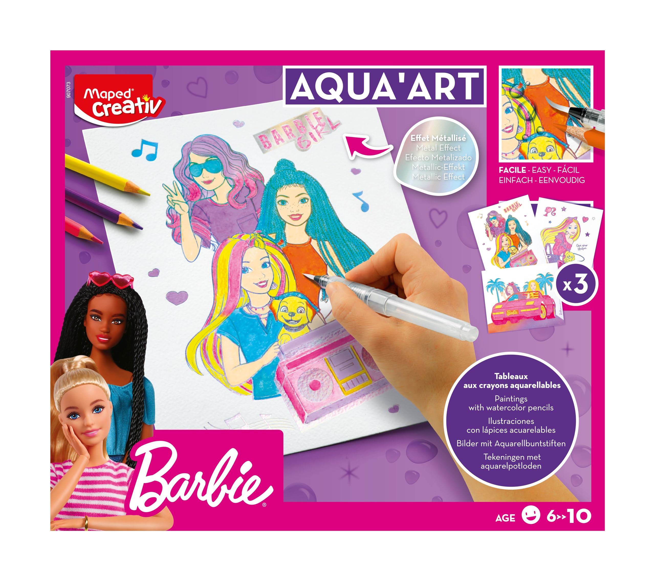 Maped Creativ - Aqua'Art Barbie - Aktywność akwarelowa dla dzieci - Farbowanie ołówkami akwarelowymi + pędzelek do wody na metalicznych wspornikach - 3 plakaty do kolorowania - od 7 lat