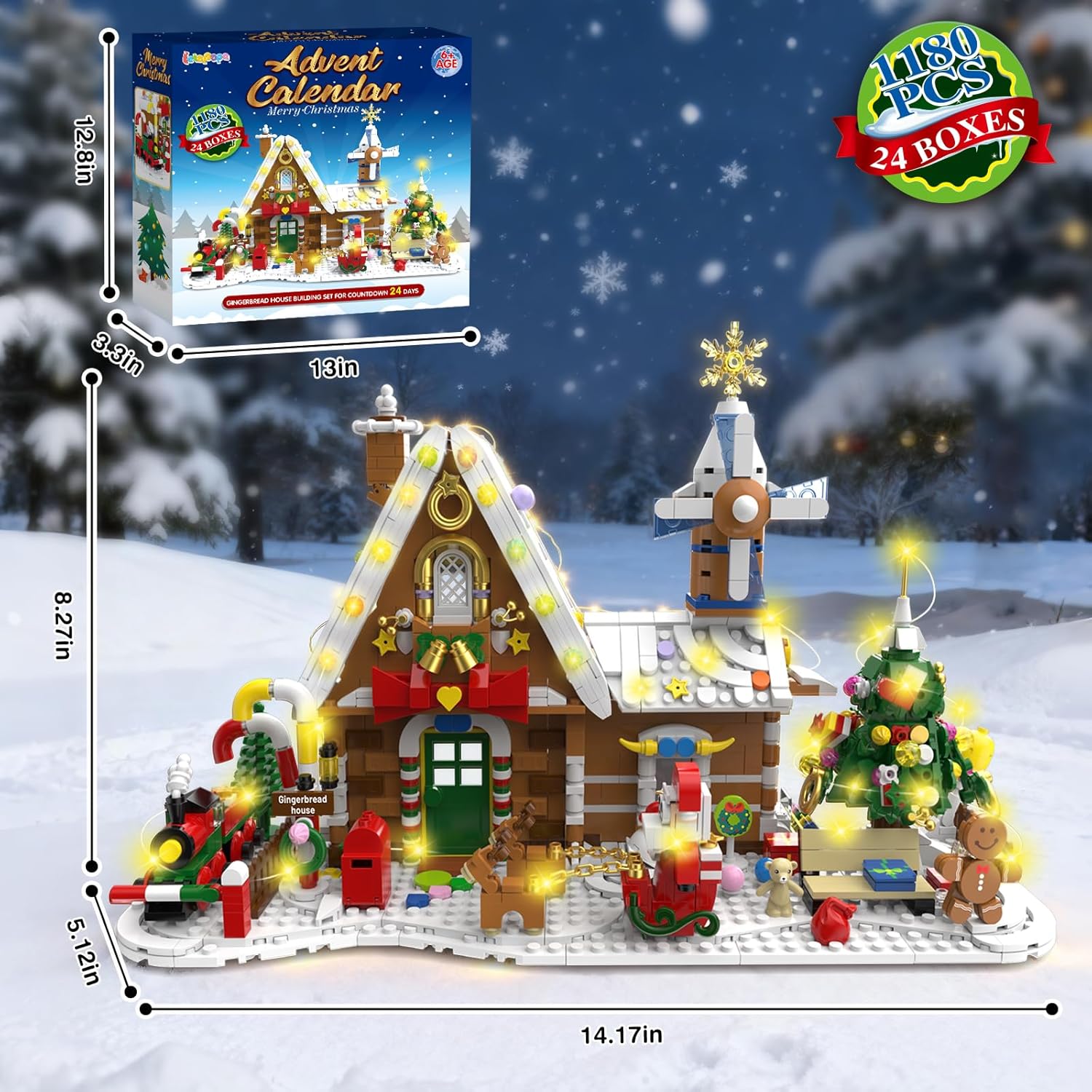 Advent Calendar 2025, Gingerbread House Building Set with Lights, 24 Days Christmas Countdown Calendar Building Block kit with Xmas Tree Train, Christmas Gifts for Adults Kids Boys Girls Age 8+