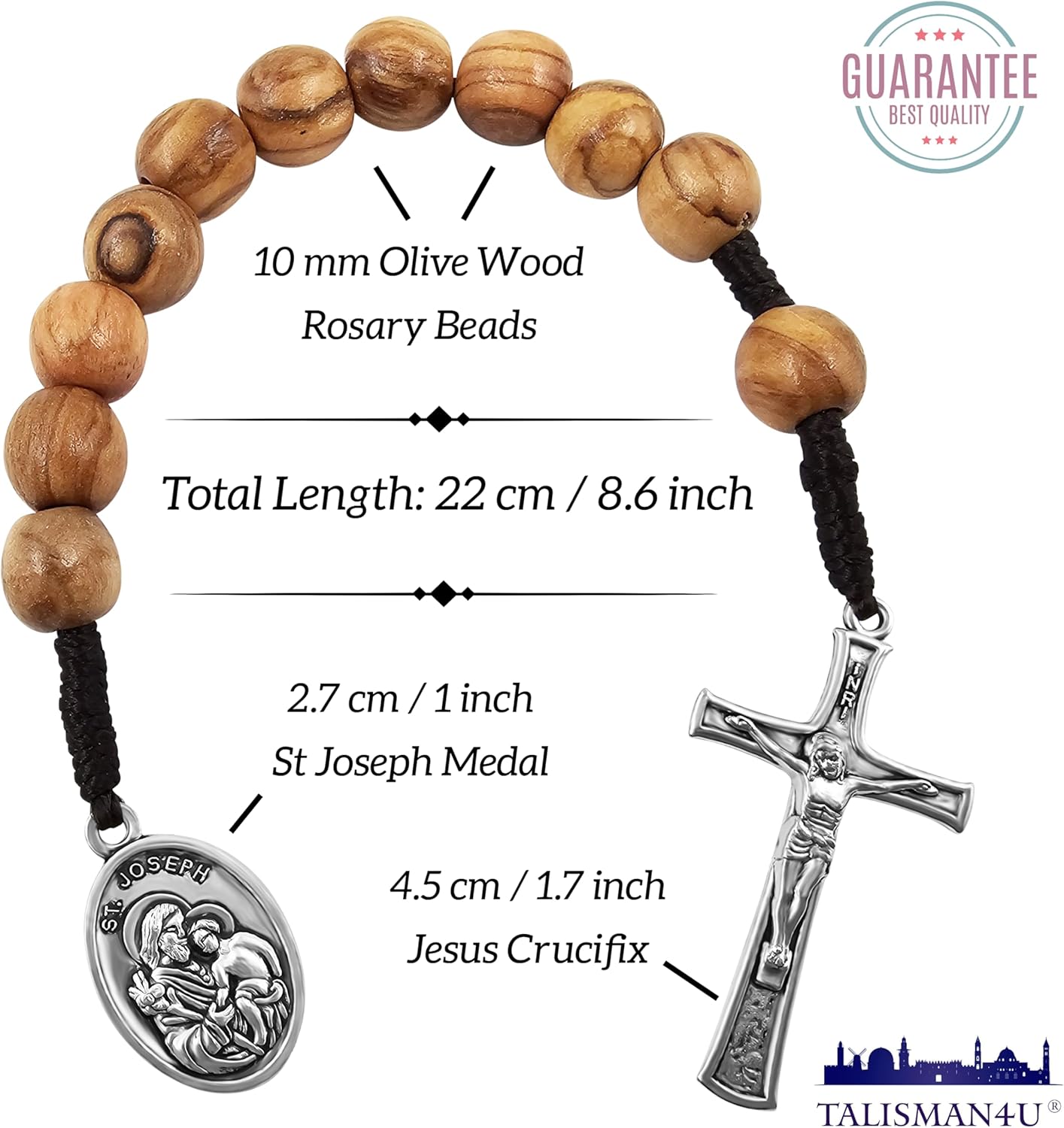 TALISMAN4U Sacred Heart of Jesus Miraculous Medal One Decade Pocket Rosary 10 mm Olive Wood Prayer Beads Open Style Tenner Rosaries for Men Women Handmade Catholic Gift Linen Rosary Pouch - Image 2