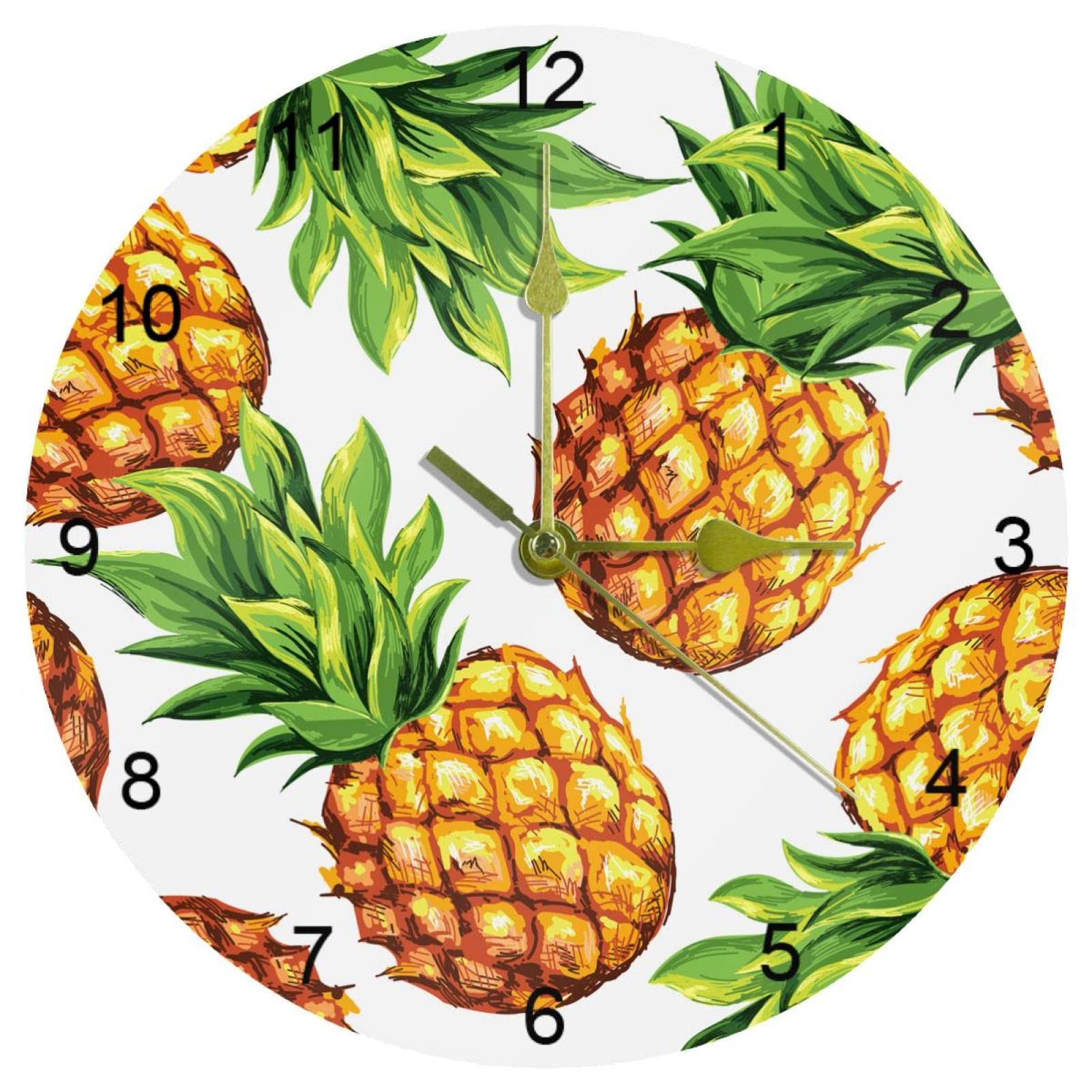 Horloge murale silencieuse ananas de 25 cm avec grands chiffres arabes noirs