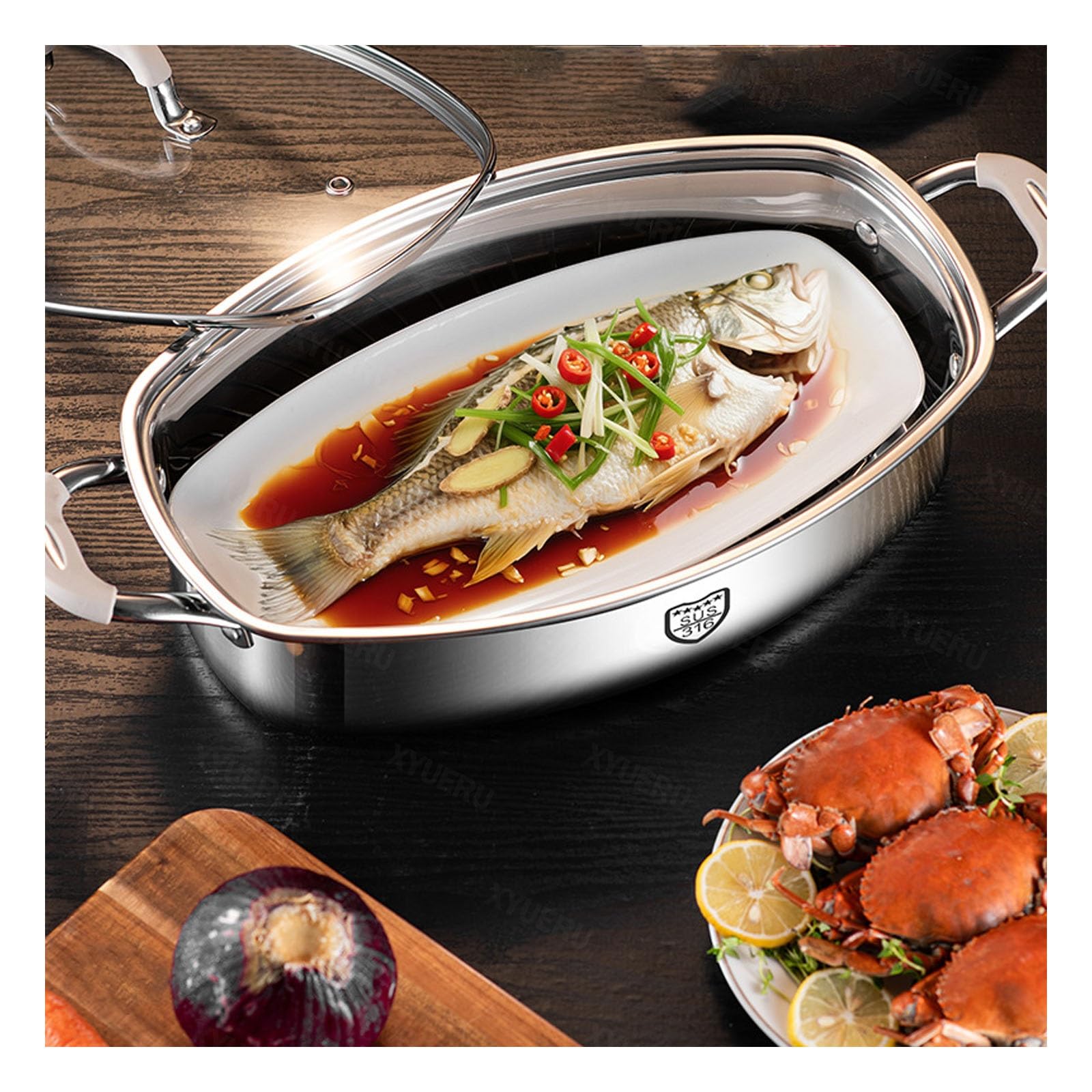 Pentola per pesce a vapore, in acciaio inox, ovale, con coperchio, pentola multiuso per cuocere a vapore pesce, zuppa bollente e frutti di mare