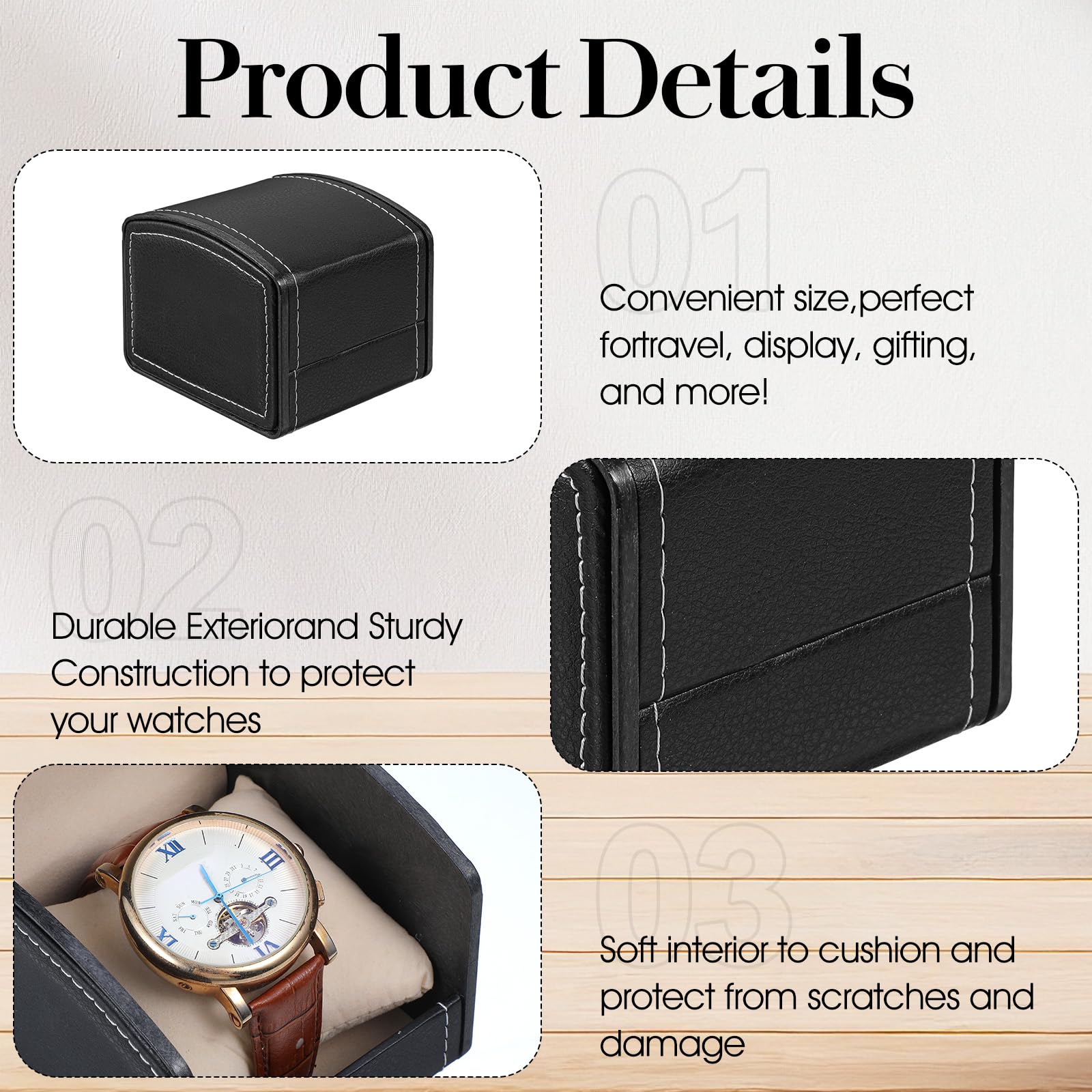 10 Packs Single Grid Watch Box with Pillow, PU Leather Gift Case for Bracelet, Jewelry Wristwatch Storage, Watches Display Holder for Men and Women, Single Watch Roll Organizer, Black