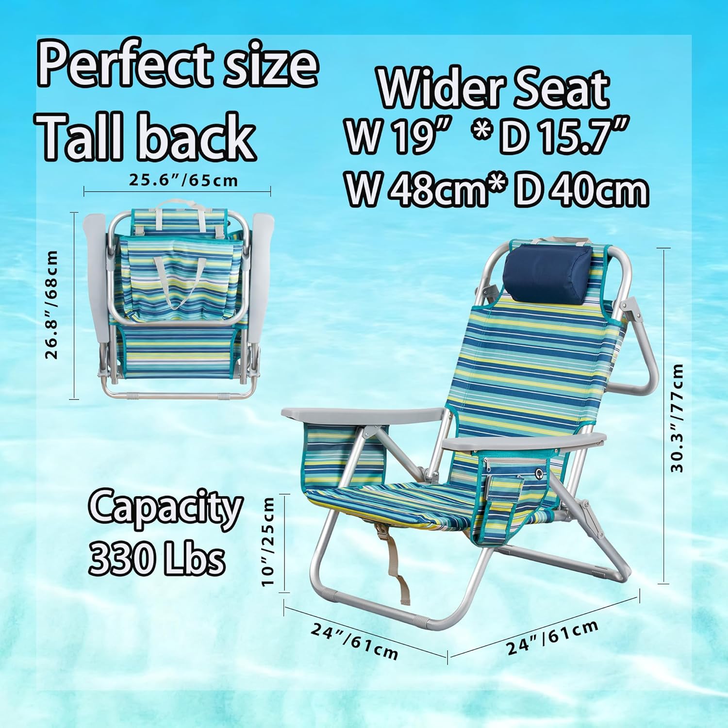 Aluminum Backpack Low Profile Beach Chair - 5-Position Lay Flat Reclining Folding Chair with Removable Cooler Bag - Heavy Duty 330 lbs Capacity, Lightweight Portable Sand Seat - Striped Green - Image 2