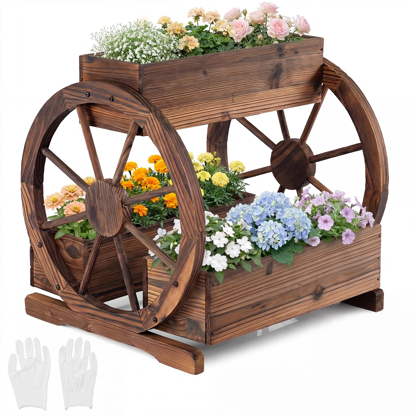 TANGZON Wood Wagon Planter, 2-Tier Raised Garden Bed with Wheels & Drainage Holes, Indoor Outdoor Decorative Wheel Cart Flower Pot Stand (61.5 x 55 x 62cm, 3 Boxes)