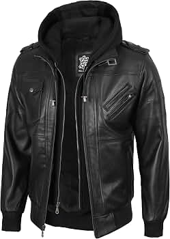 ジャケット・アウター Common divisor black leather jacket Decrum Men's Leather Jacket With Removable Hood Black - Hooded
