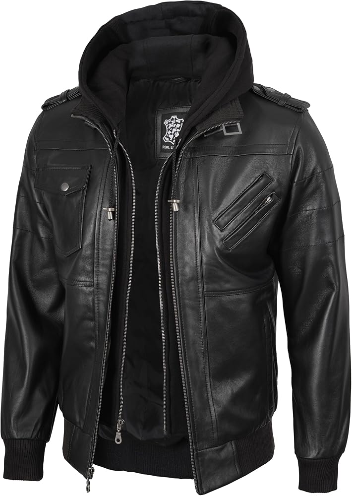 ジャケット・アウター STRUM quilting leather hooded jacket blk Decrum Men's Leather Jacket With Removable Hood Black - Hooded