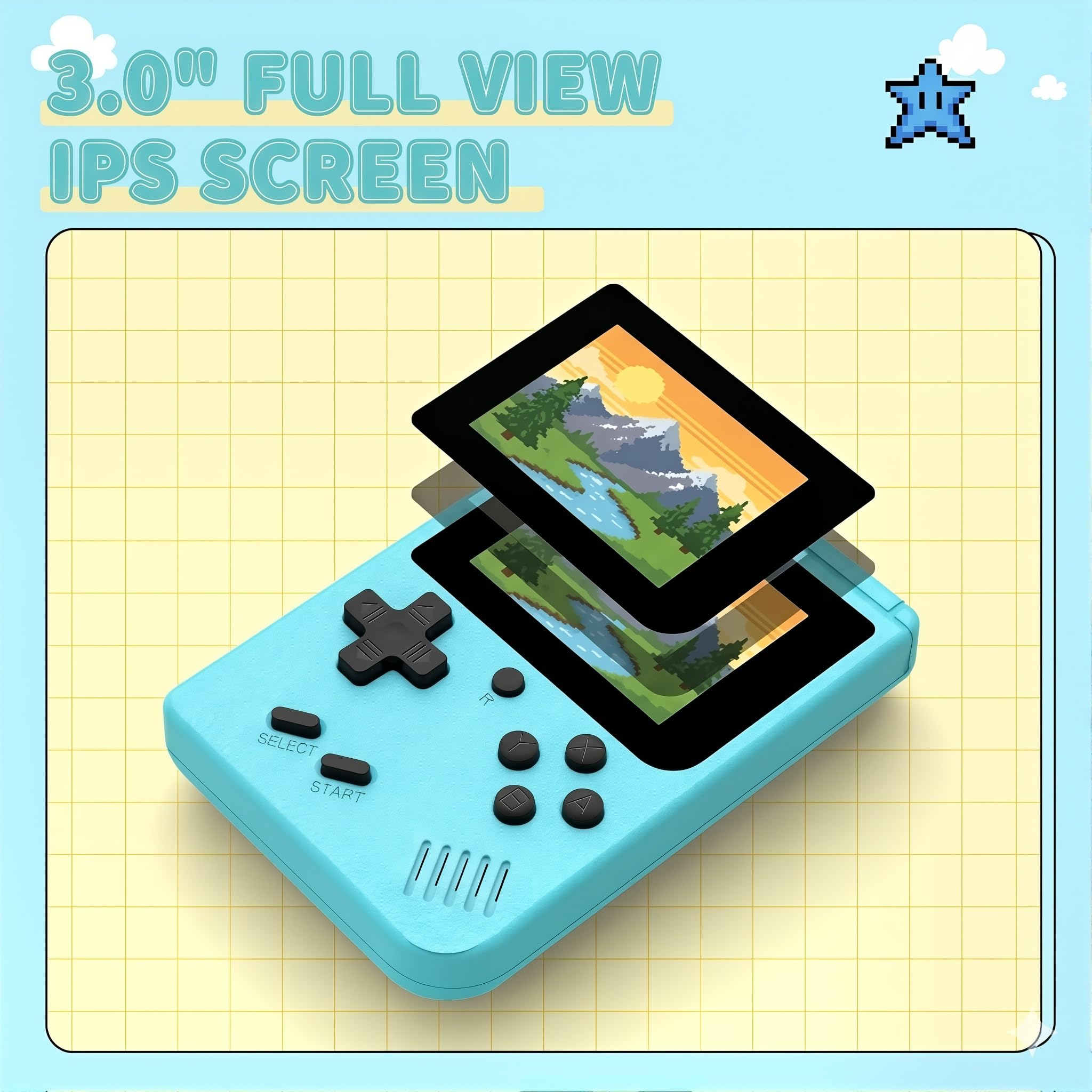 Console de Jeux Rétro Portable Mini, 500 Jeux Intégrés, Écran IPS 3.0 Pouces, Batterie Rechargeable, Console de Jeu Vidéo Portable, Bleu (Bleu)