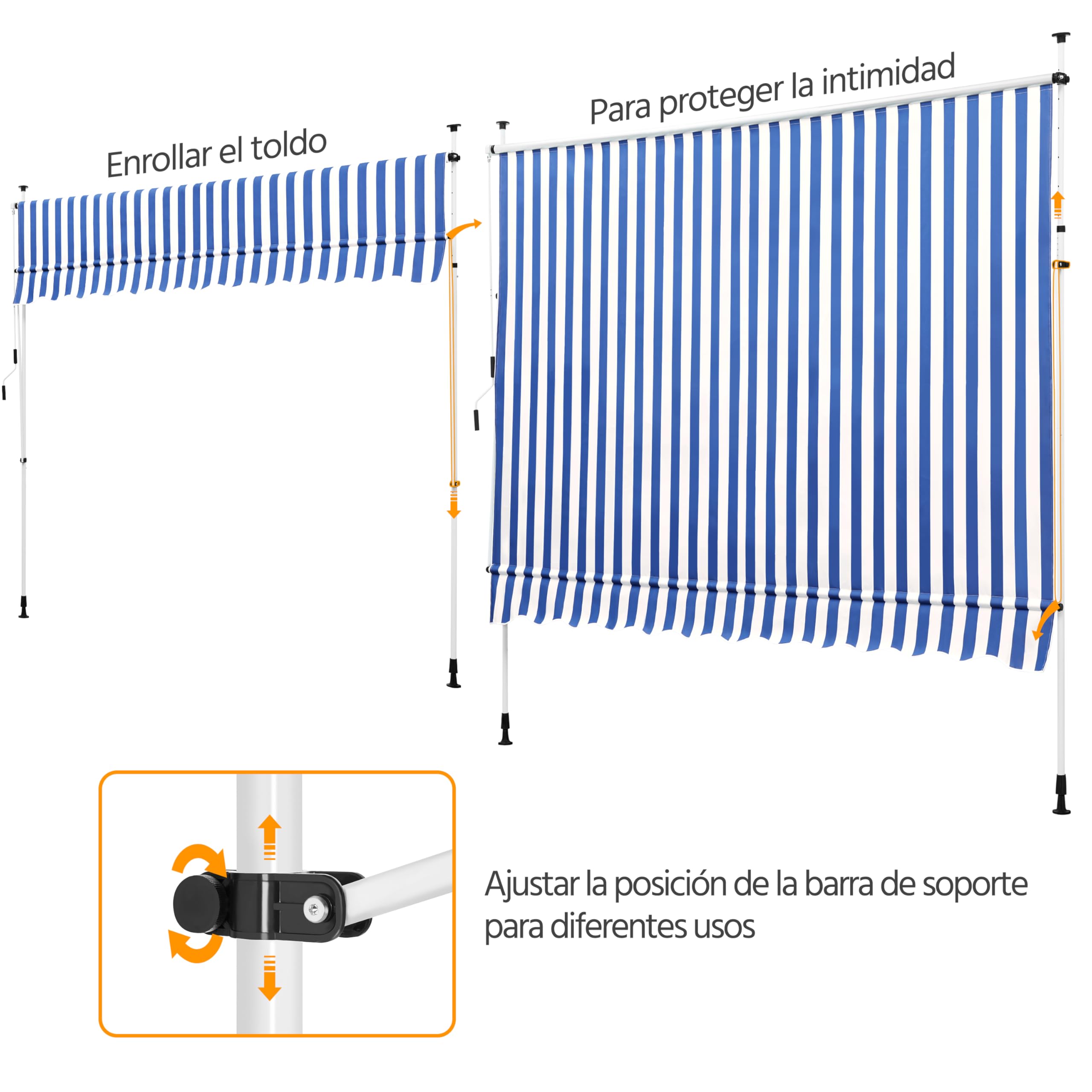 Yaheetech Toldo Manual Retráctil Exterior Toldo Enrollable Exterior Altura Ajustable con Manivela Sin Taladro Resistente a UV Repelente al Agua para Balcón Terraza Patio Jardín 300 cm Azul y Blanco