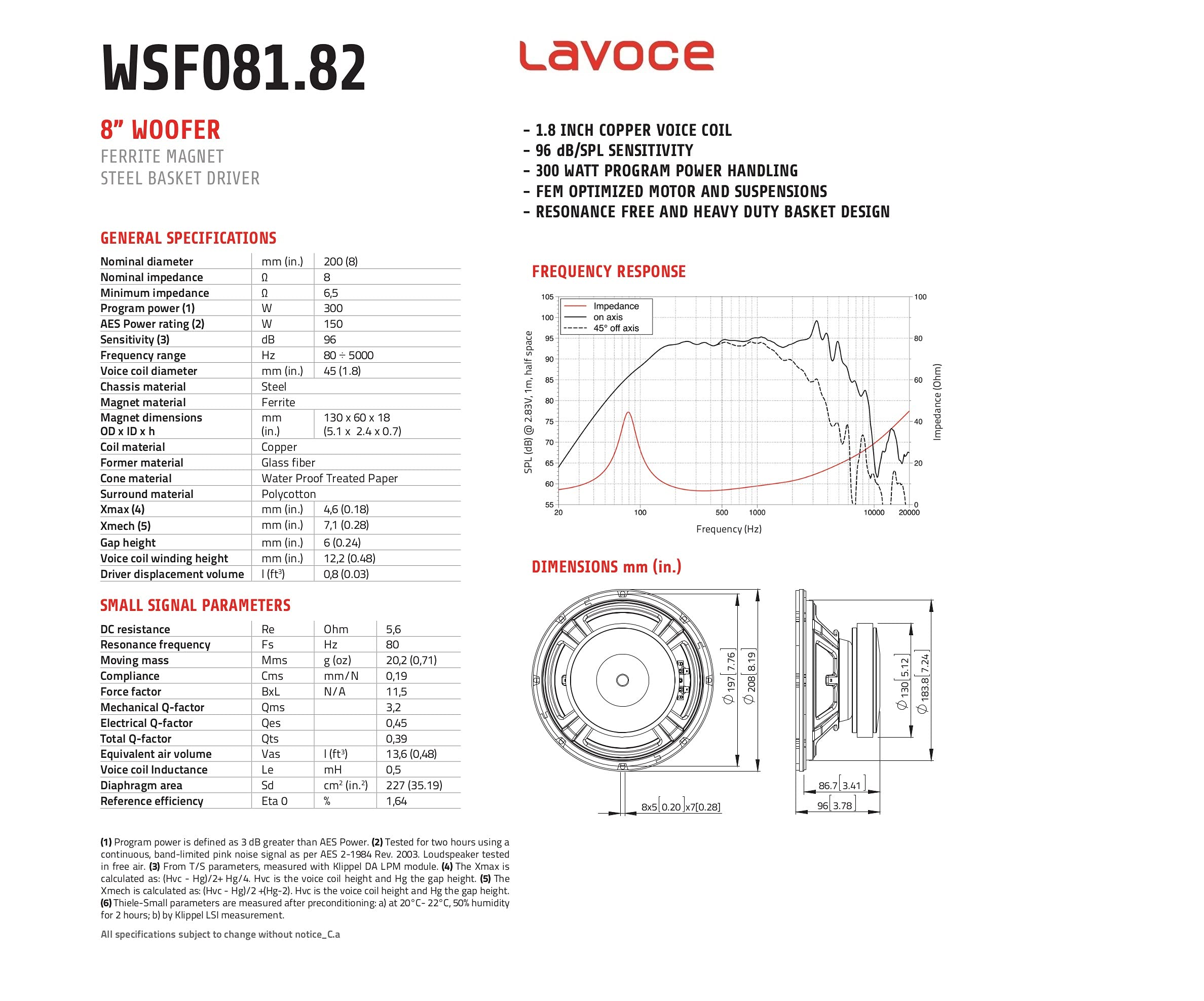La Voce Italiana Woofer WSF 081.82 200 mm 8" 150 W AES 300 W Program Ferrite 8 ohm