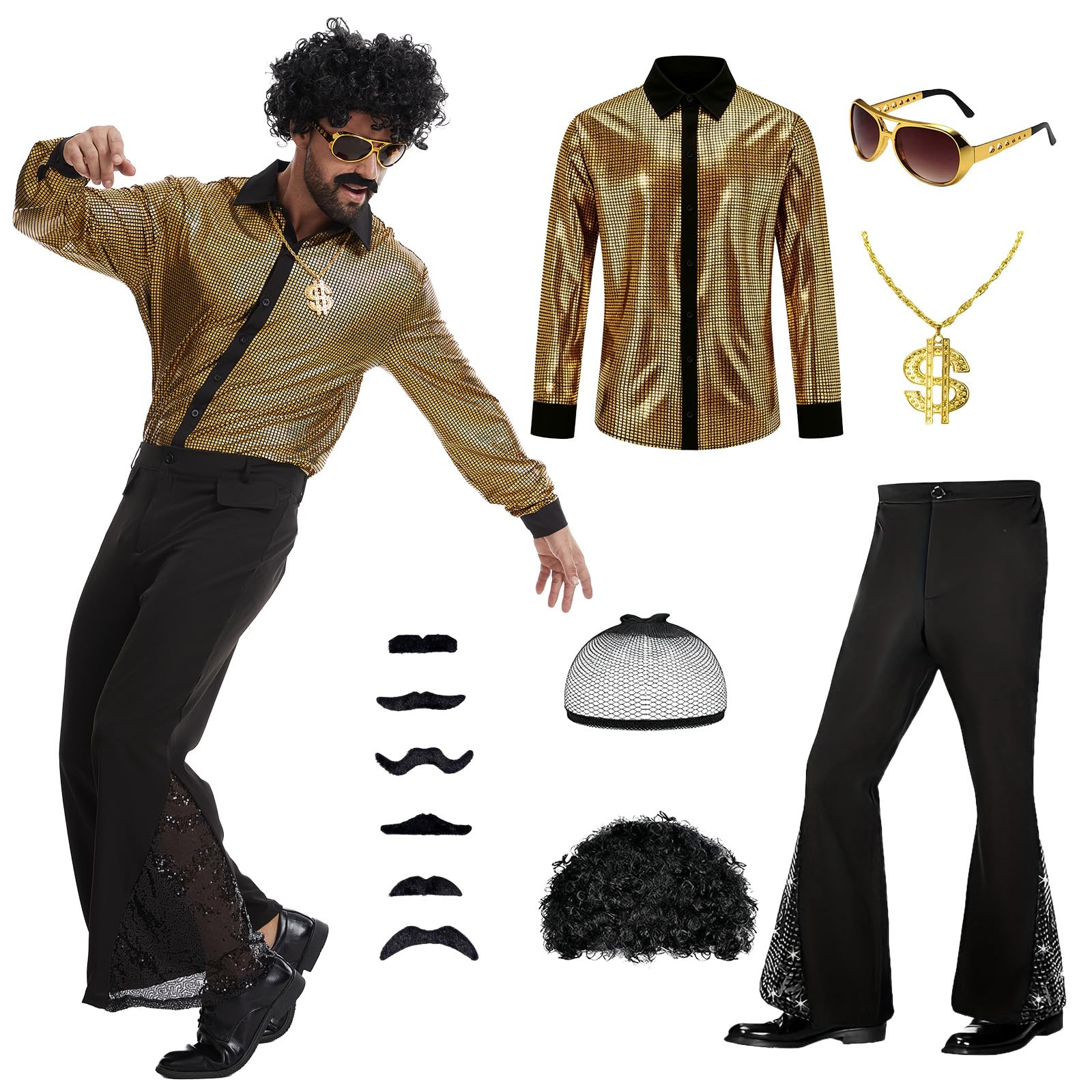 LLTTEER 70s Disco Costume for Men,7 Piece Hippie Outfit with Wig and Accessories,Retro 70s 80s Style Disco Fancy Dress for Halloween Theme Parties (Gold,L)
