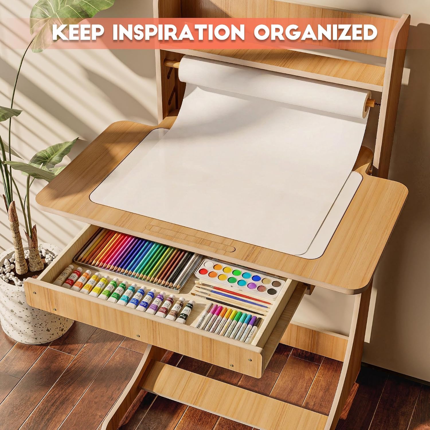 Kid Desk with Storage Adjustable Study Drawing Desk with Paper Roll,Craft Drawer Whiteboard Organizer for Girl Boy Teens,Tilt Activity Kids Table, Natural
