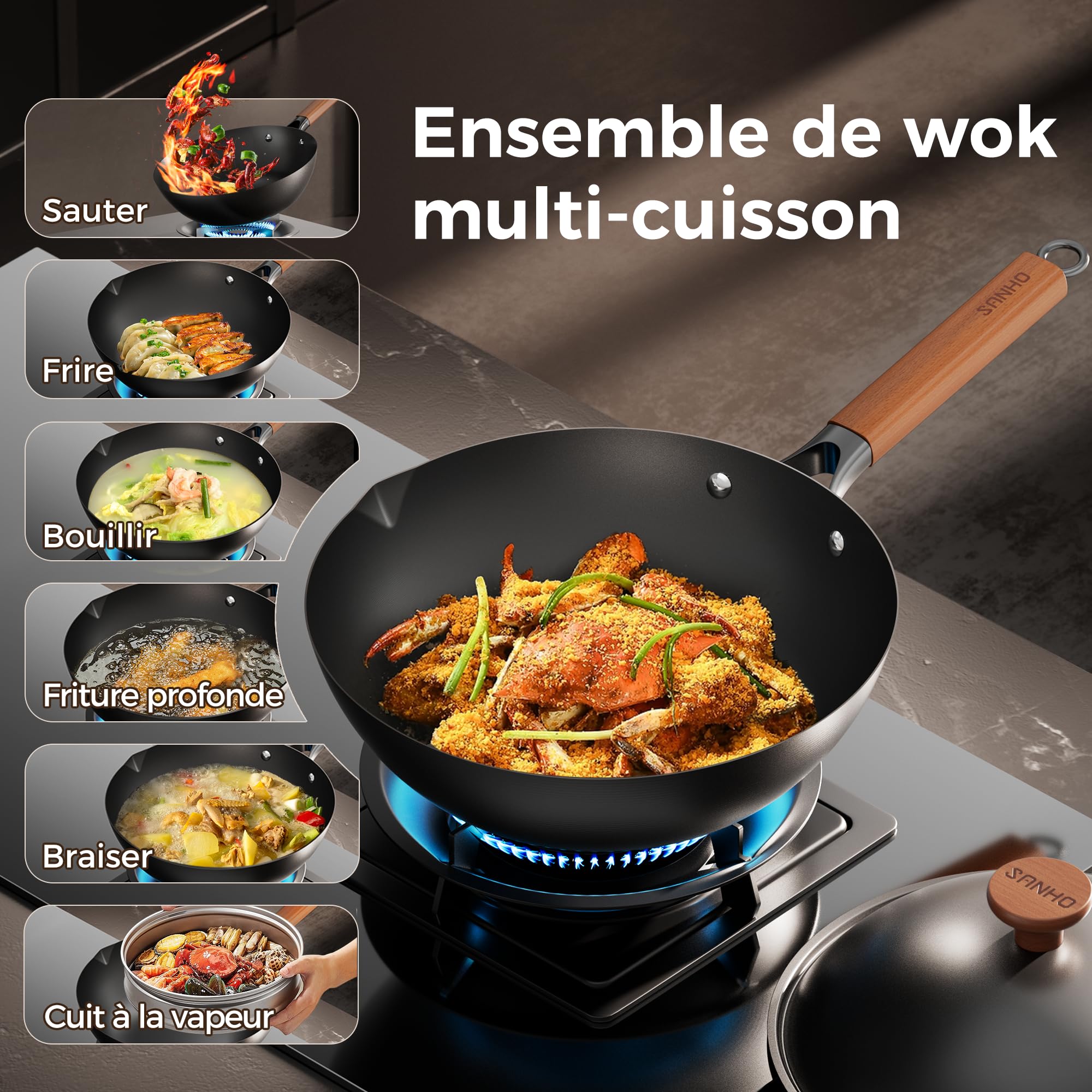 Sanho 32 cm Poêle Wok avec couvercle – Pas de culottage, 0 revêtement chimique, antiadhésif naturel, compatible tous feux (gaz, électrique, induction <800W) & ustensiles métal, 5QT