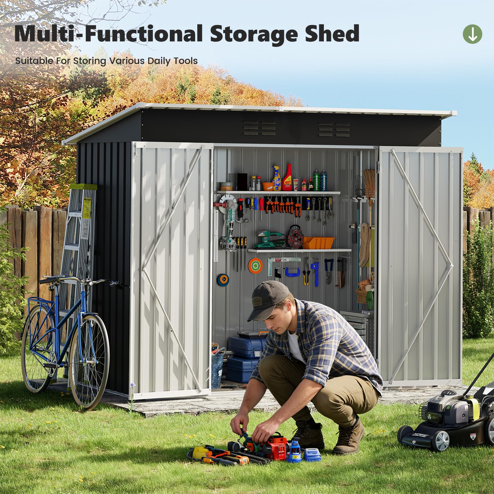 UDPATIO Metal Shed 8x4 FT, Outdoor Garden Storage, Waterproof Metal Shed for Firewood, Garbage Can, Tool, Lawnmower, Bike Shed, Galvanized Steel with Lockable Door for Backyard, Patio, Dark Grey — view 9