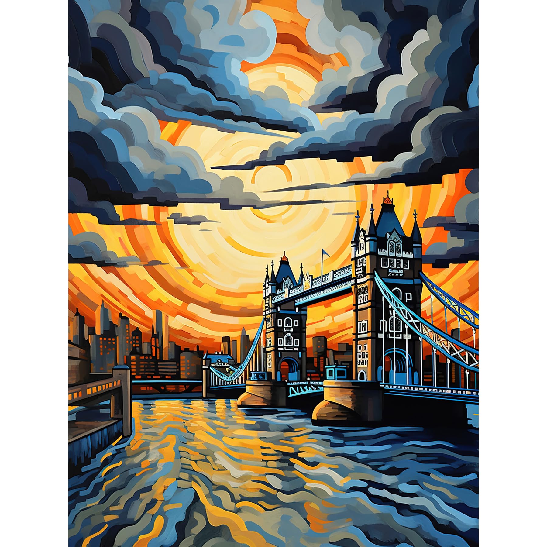 Artery8 London Tower Bridge Dramatic Sunset Vibrant Artwork Blue Orange River Thames England Cloudy Sky Large Wall Art Poster Print Thick Paper 18X24 Inch