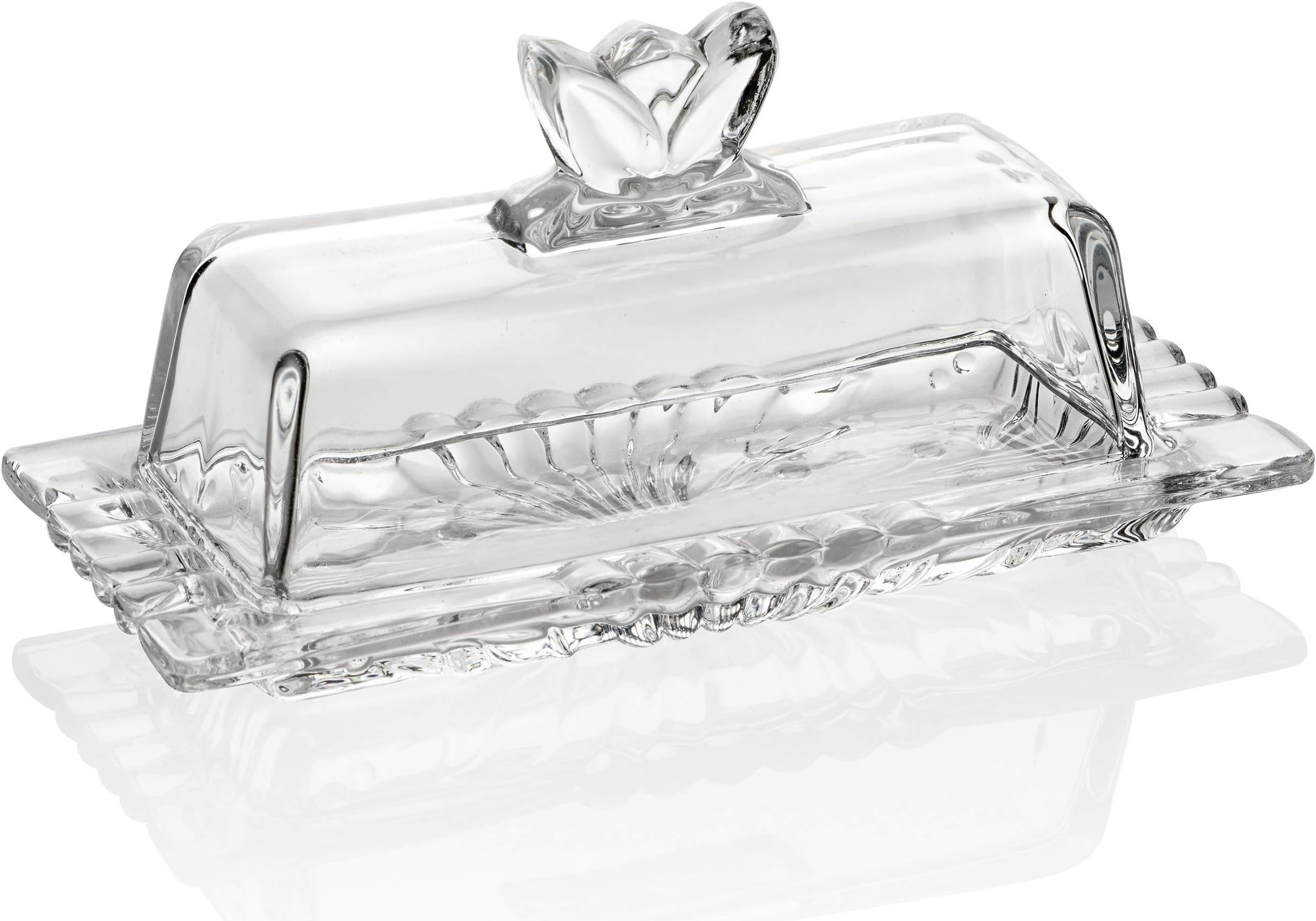 BezratGlass Butter Dish | Premium Butter Dish with Lid and Easy Grip Handle | Easy to Use and 100% Food Safe - Dishwasher Safe | Flower Addition