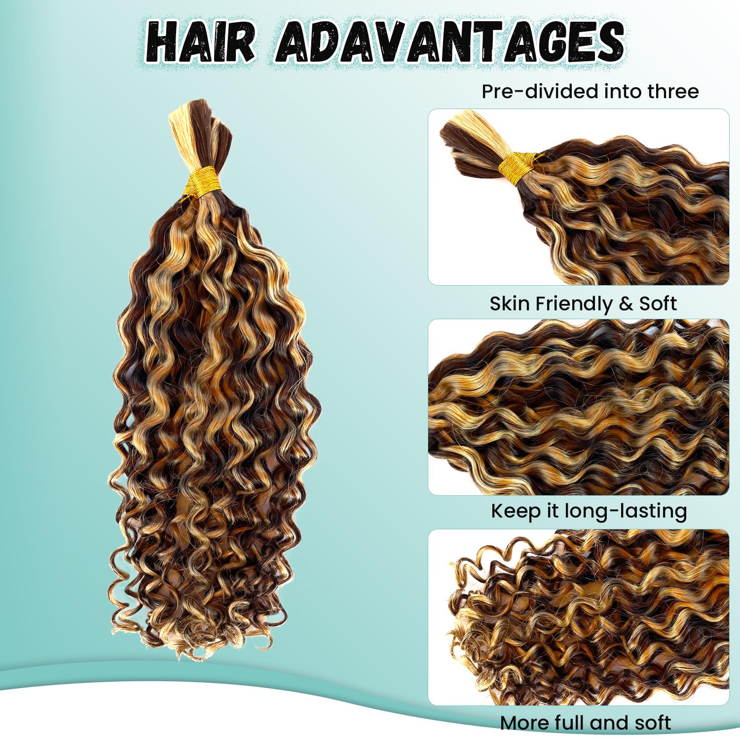 4/27 Honey Blonde Human Braiding Hair Deep Water Wave Bulk Human Hair for Braiding,Highlights Curly Braiding Hair Extensions for Boho Braids 22 Inch 2 Bundles 100G Wet and Wavy Human Hair Braiding