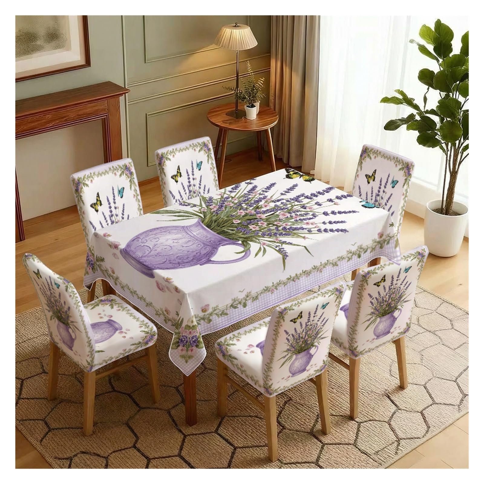 BOSUYBN Lavender Butterfly Dining Tablecloth & Chair Covers Set, 5/7 Piece Provence Floral Cottage Home Decor Table Setting(7pcs Set: Tablecloth+Chair Covers)