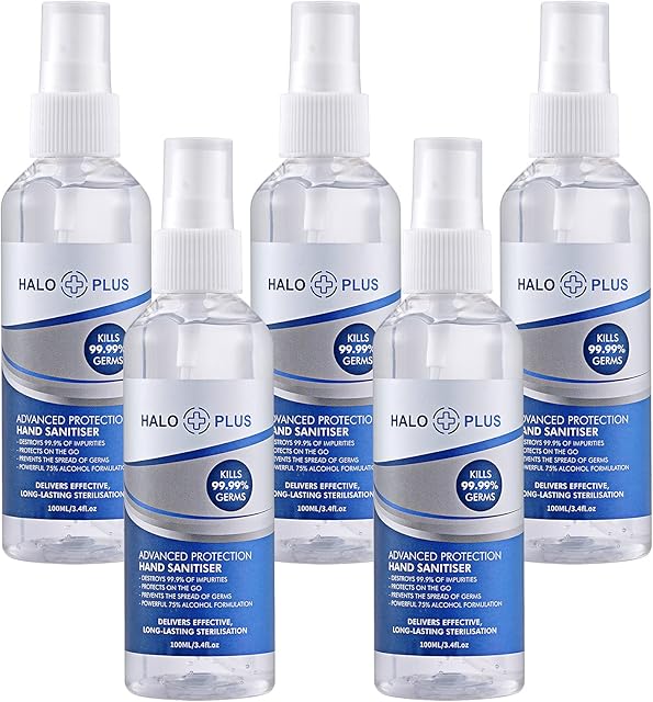 Halo Plus 5pcs Hand Sanitiser Gel 75% Alcohol 100ml - Anti-Bacterial Hand Hygiene Sanitiser Gel Rub Kills 99.9% Germs Instantly, Fragrance Free Hand Sanitizer Gel in Pump Bottle