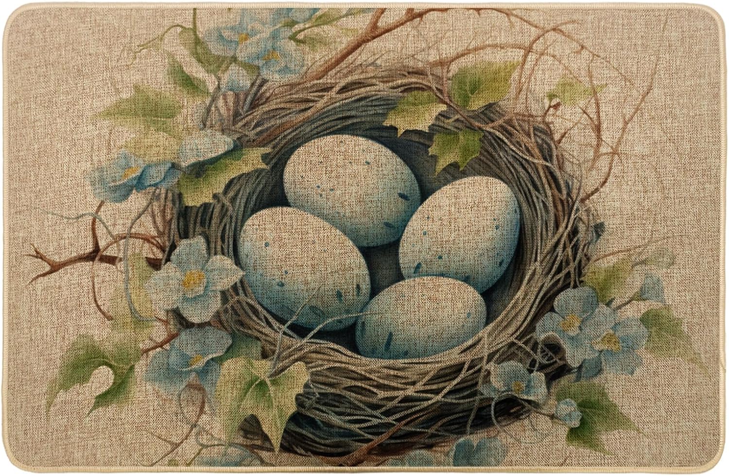 Easter Entryway Mat Door Mat Flowers Leaves Bird Eggs Spring Blue and Green Rubber Dirt Trapper Waterproof Decorations Absorbent Outdoor Kitchen Bathroom Dorm Door Mat Entryway Mat 17x29 Inch