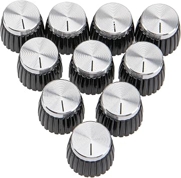 10Pcs Yootones Guitar Amp Amplifier Push on fit Knobs Black with Silver Aluminum Cap Top Compatible with Marshall Amplifiers with 6mm Diameter Pots