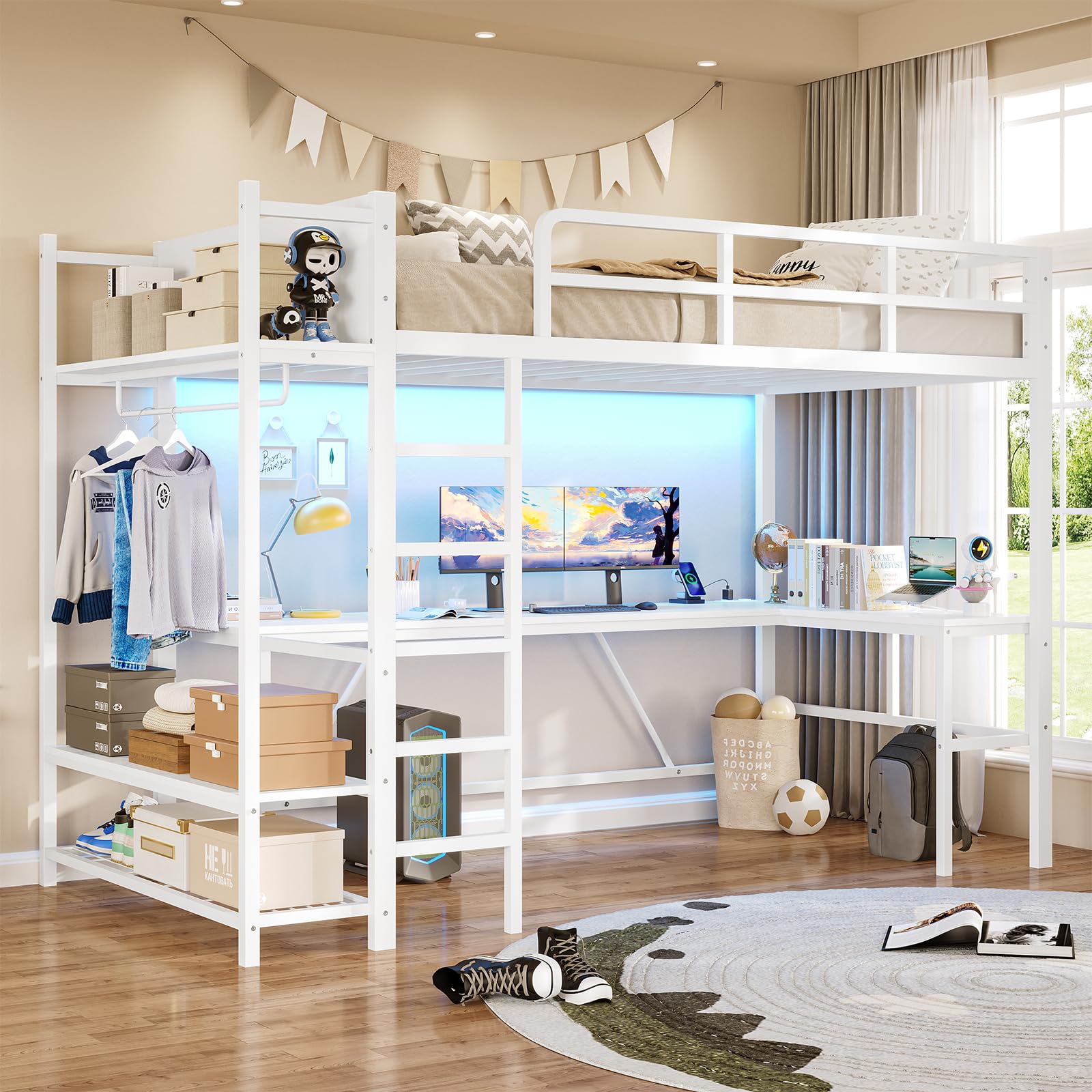 Itaar Twin Loft Bed with L-Shaped Desk, LED Lights, and Storage in a modern room setting.