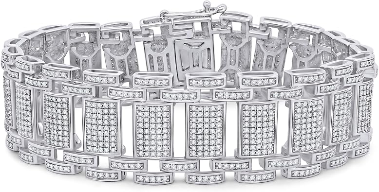 Link Bracelet for Men Round Sparkling White Cubic Zirconia 20MM Width Pave Set Bubble Bracelets in 18K Gold Plated Jewelry Gift for Him Length 7.5 to 8.5 Inches