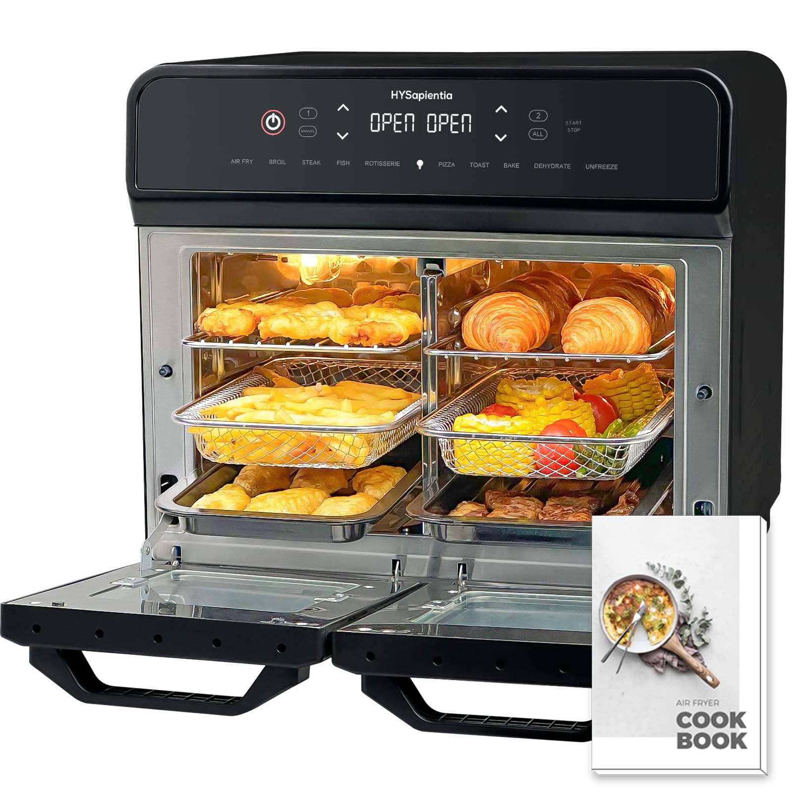 HYSapientia® 22L Dual Zone Air Fryer Oven With Rotisserie,Large Double Air fryers Mini Ovens Digital 2400W 10 in 1 Airfryer Countertop Convection Oven electric and grill,Stainless Steel,13 Accessories