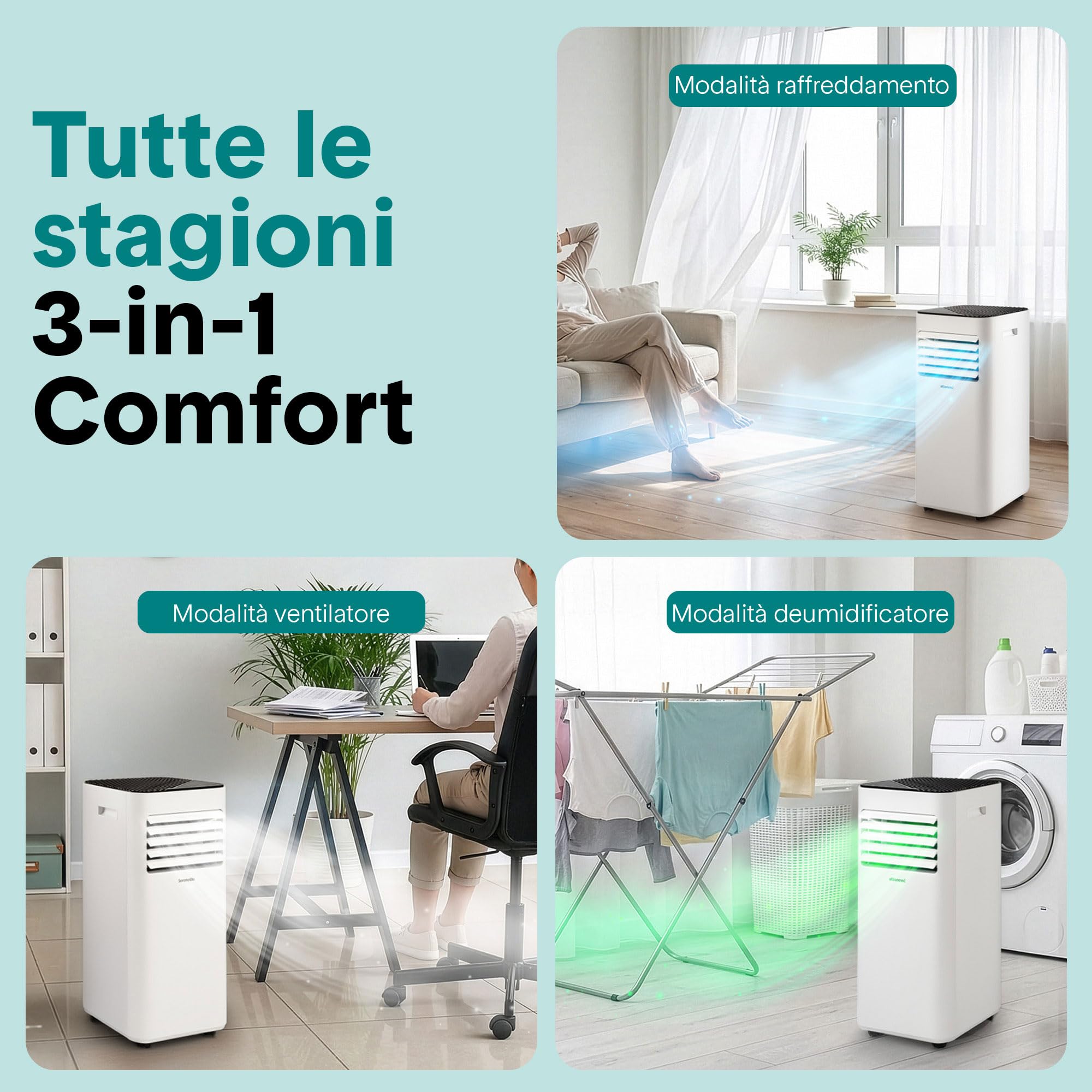 SereneLife przenośna klimatyzacja i ogrzewanie – mobilny klimatyzator 9000 BTU z zestawem okiennym, cicha praca, 3 tryby, 12-godzinny timer, funkcja Wi-Fi, do domu i biura