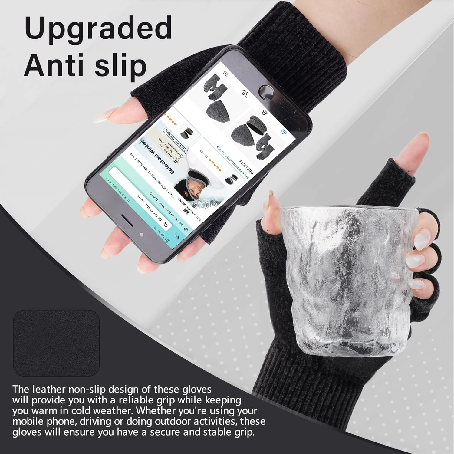 FZ FANTASTIC ZONE Winter Fingerless Gloves for Women Men, Chenille Warm Knit Work Anti-Slip Leather Half Finger Gloves Gifts - Image 2